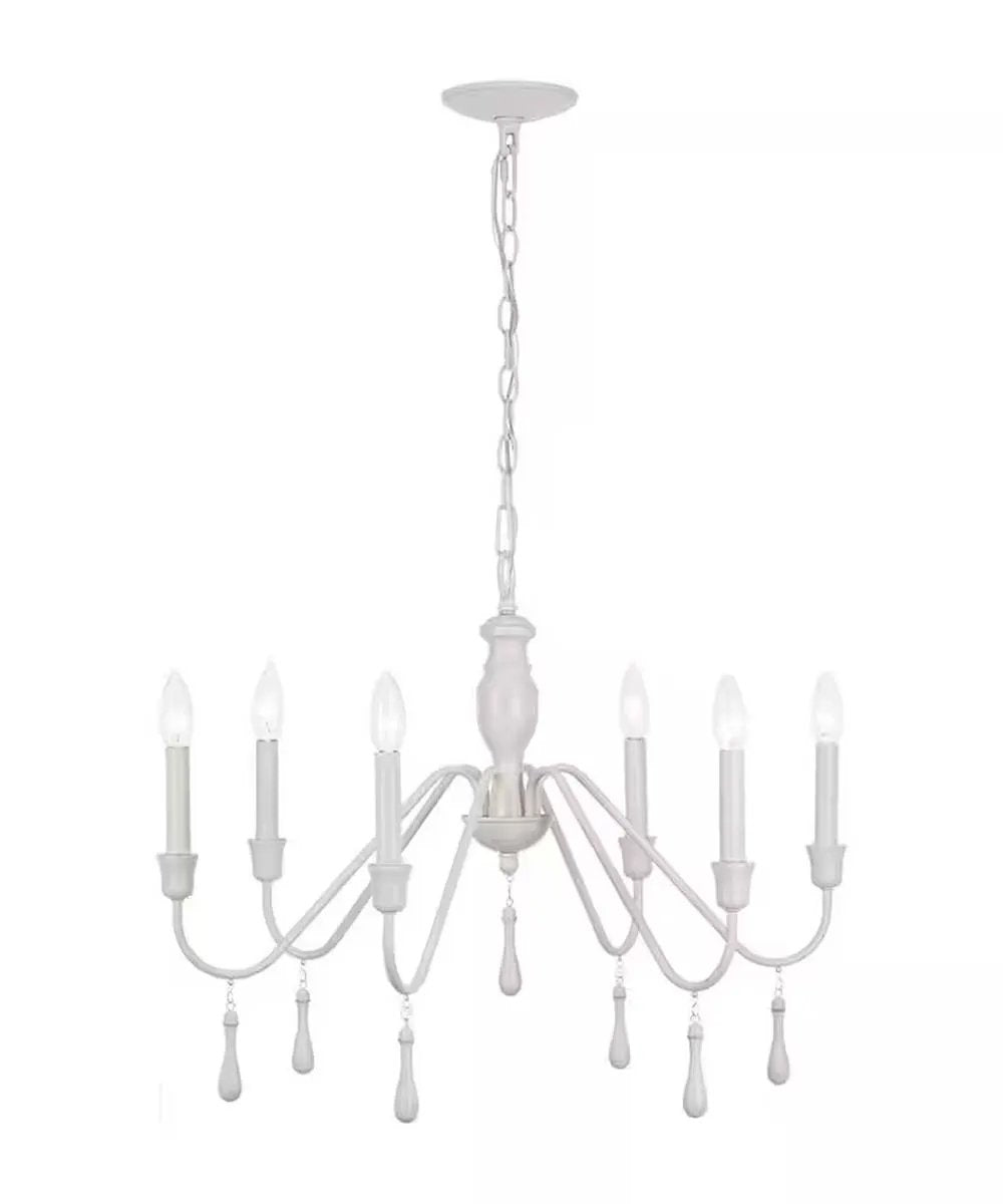 Chandelier | 6 Light Beaded | Distressed White | 26 Inch Width