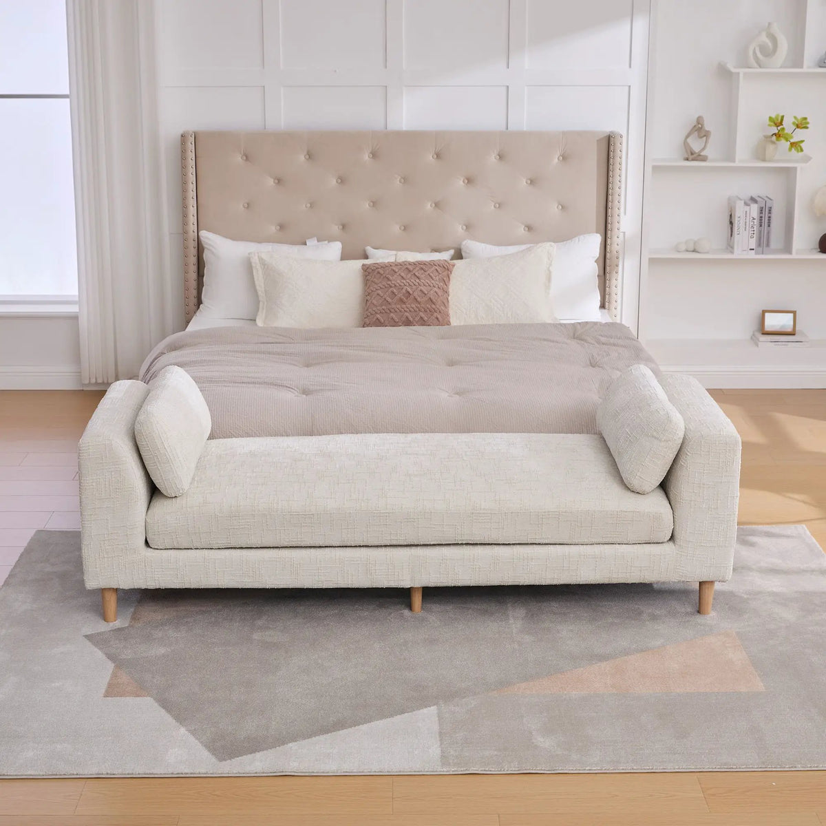 End Of Bed Bench | Upholstered With Armrests | Trapezoid Chaise Design | Kiln-Dried Solid Wood