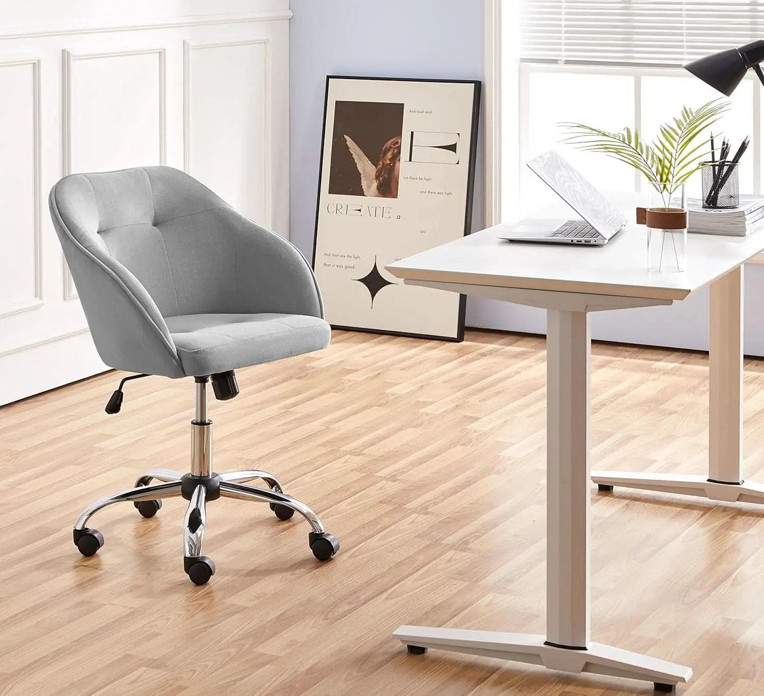 Light Gray Velvet Desk Chair With Adjustable Tilt Arm from PriceLows™
