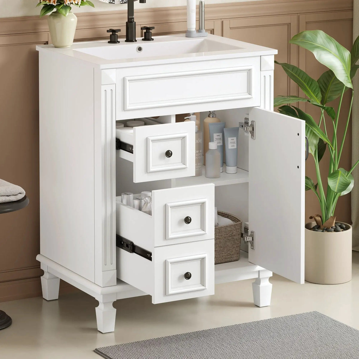 24 Inch Compact Bathroom Vanity | 2 Deep Drawers | Adjustable Shelf | Retro Button Handles