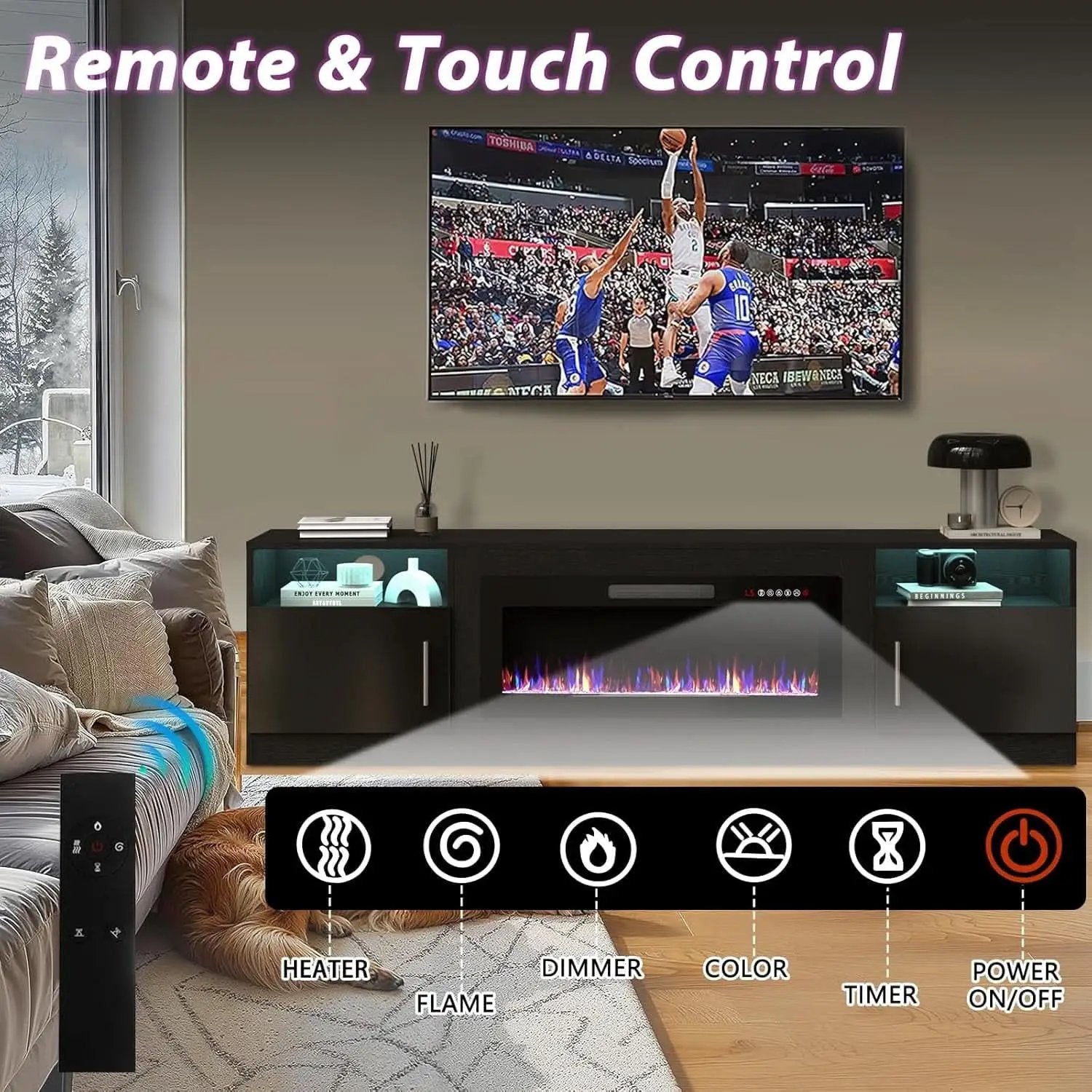 80 Inch TV Stand Electric Fireplace With LED Lighting Black from PriceLows™