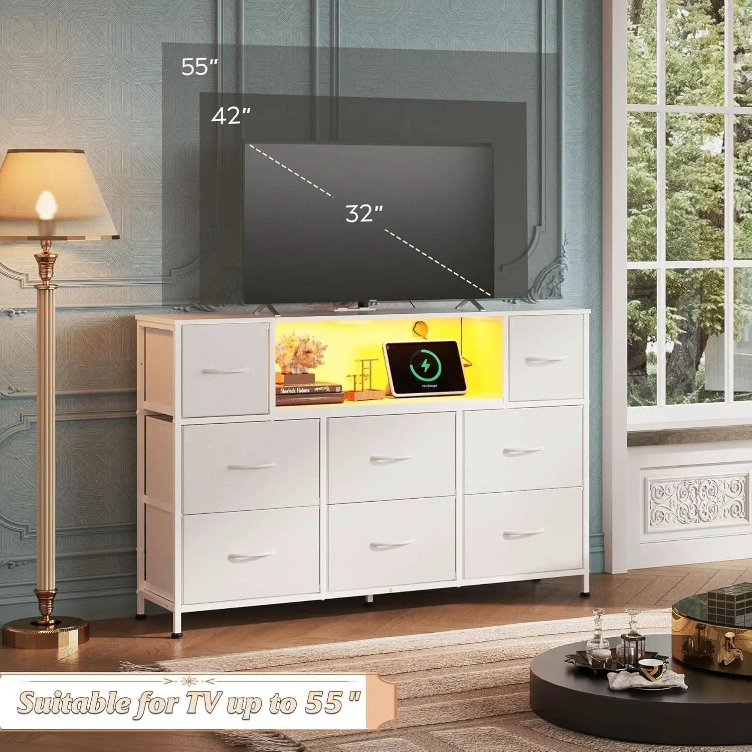 White Dresser TV Stand for 55 Inch TV with Charging Station LED Lights from PriceLows™