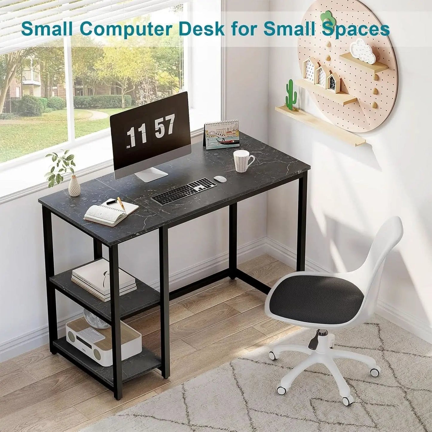 40 Inch Computer Desk With Two Tier Shelves Black Marbling from PriceLows™