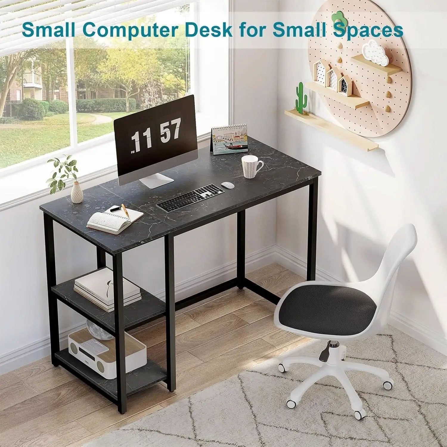 40 Inch Computer Desk With Two Tier Shelves Black Marbling from PriceLows™