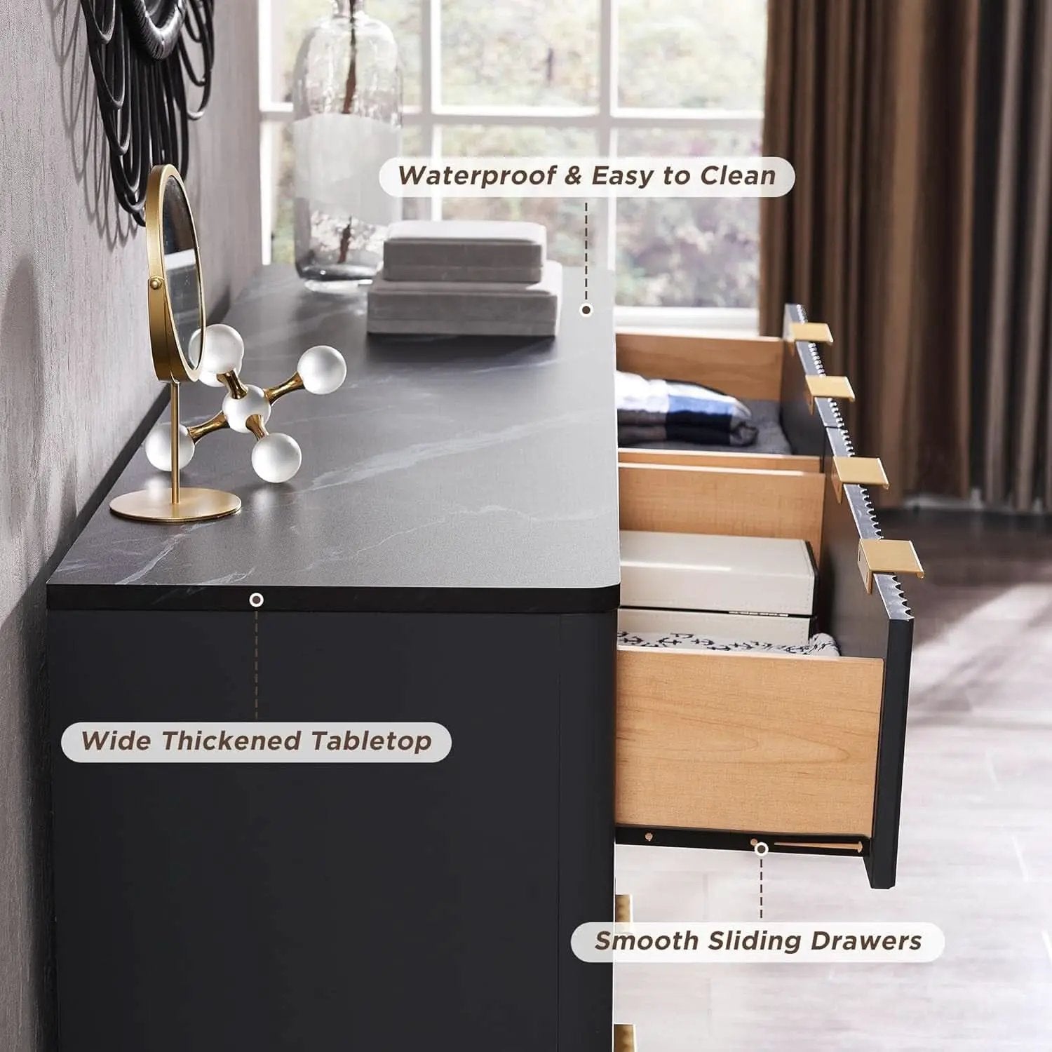 54 Inch Fluted Dresser With Dark Gray Faux Marble Top from PriceLows™