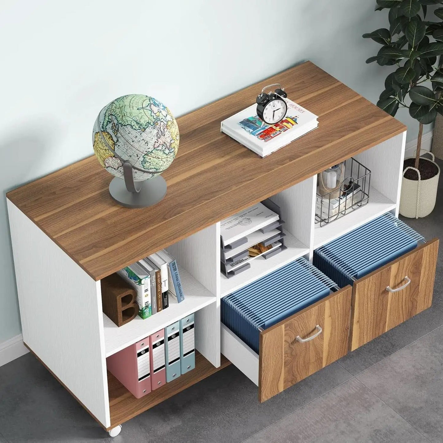 63 Inch L Desk With File Cabinet Walnut White Finish from PriceLows™