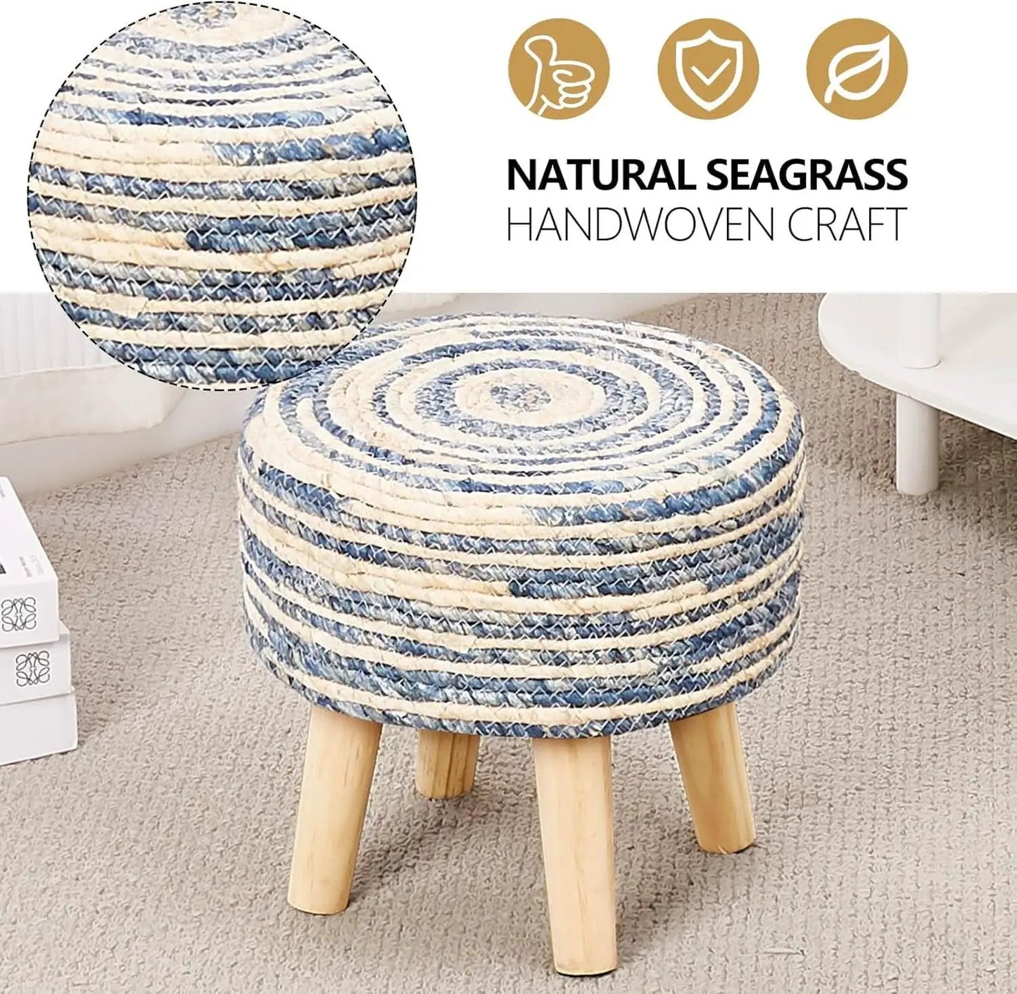 Round Seagrass Ottoman Footstool Handwoven Natural Blue from PriceLows™