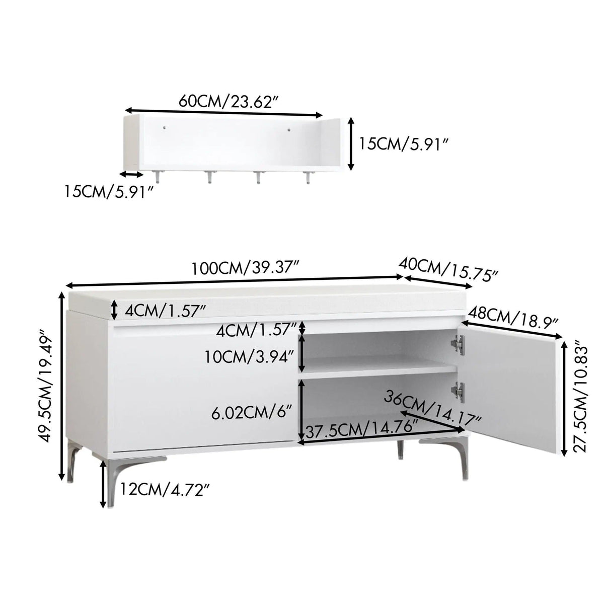 Wall Mounted Entryway Shelf With Hooks And Storage Bench Set - | 39.37 x 15.75 x 19.49 in | Metal & Wood | Off White