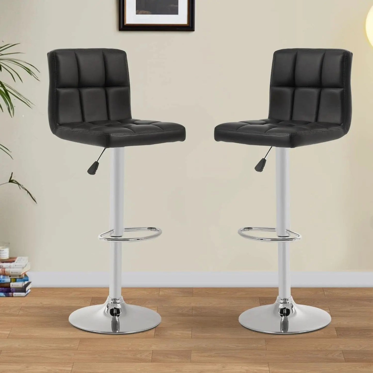 Set Of 2 Adjustable Swivel Bar Stools Black PU Leather from PriceLows™