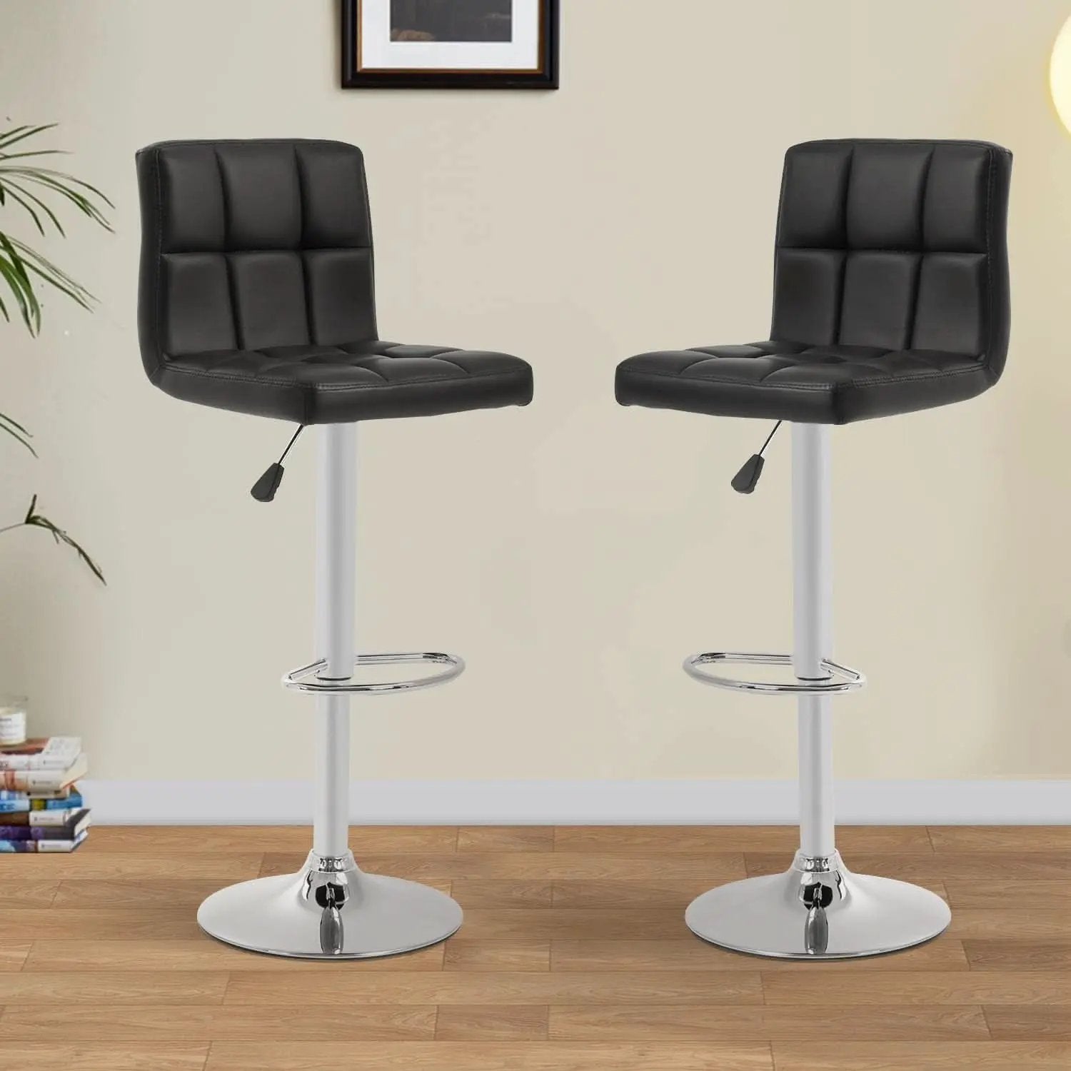 Set Of 2 Adjustable Swivel Bar Stools Black PU Leather from PriceLows™
