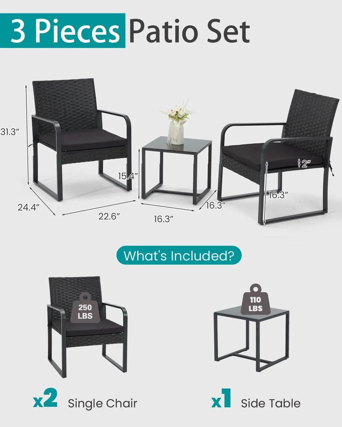 3 Piece Outdoor Patio Furniture Set Wicker Conversation Set With Glass Coffee Table from PriceLows™