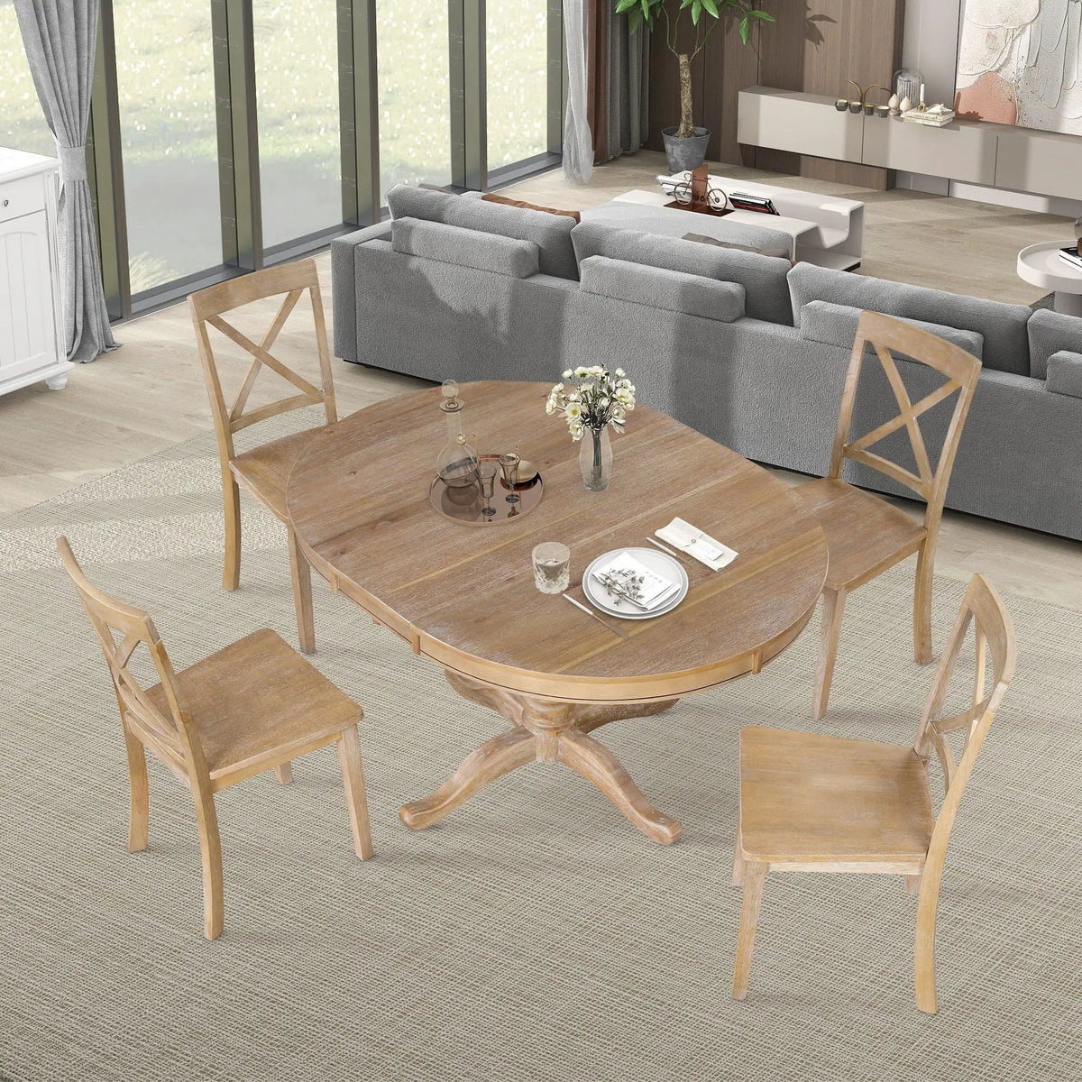 Round Dining Table Set | 4 Matching Chairs | Modern Design | Rubberwood Top