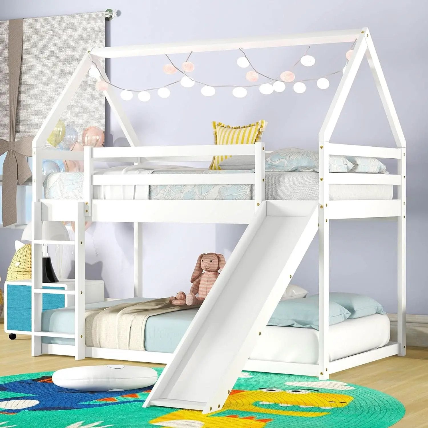 Twin Over Twin House Bunk Bed With Slide Solid Wood from PriceLows™