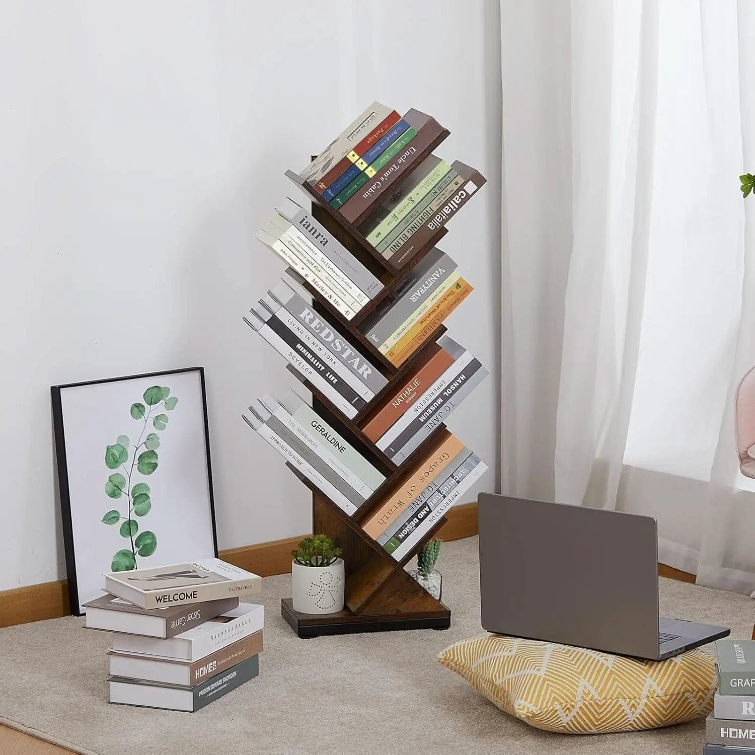 8 Tier Tree Bookshelf Floor Standing Bookcase For Books CDs Rustic Wood from PriceLows™