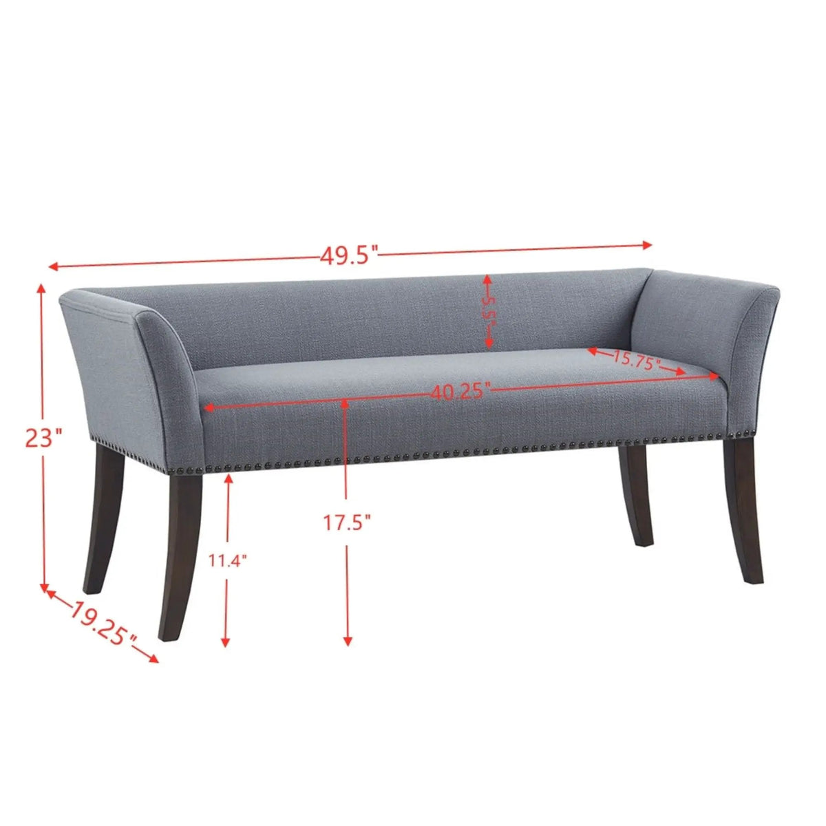 Upholstered Bench | Solid Wood Frame | Low Back And Flared Arms | Nailhead Trim