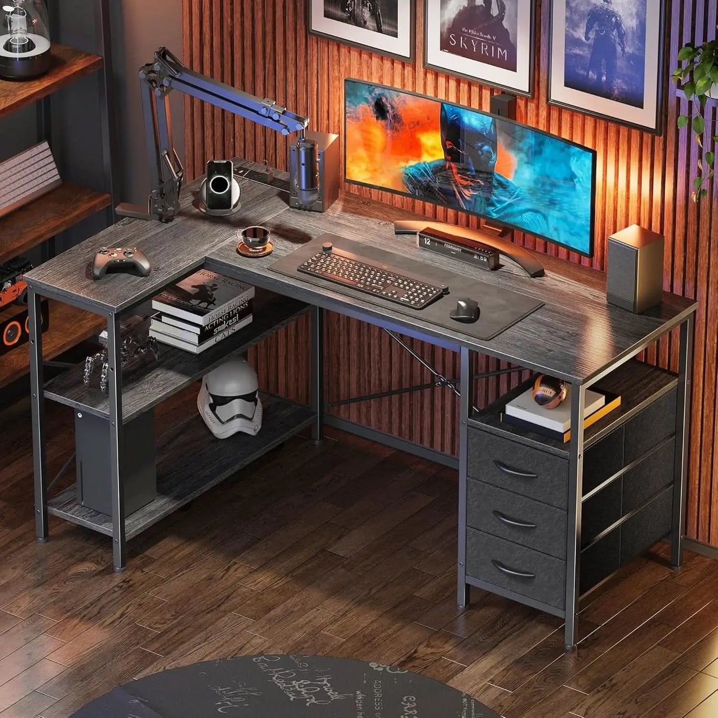 47 Inch L Shaped Desk With Power Outlets And 3 Drawers Grey from PriceLows™