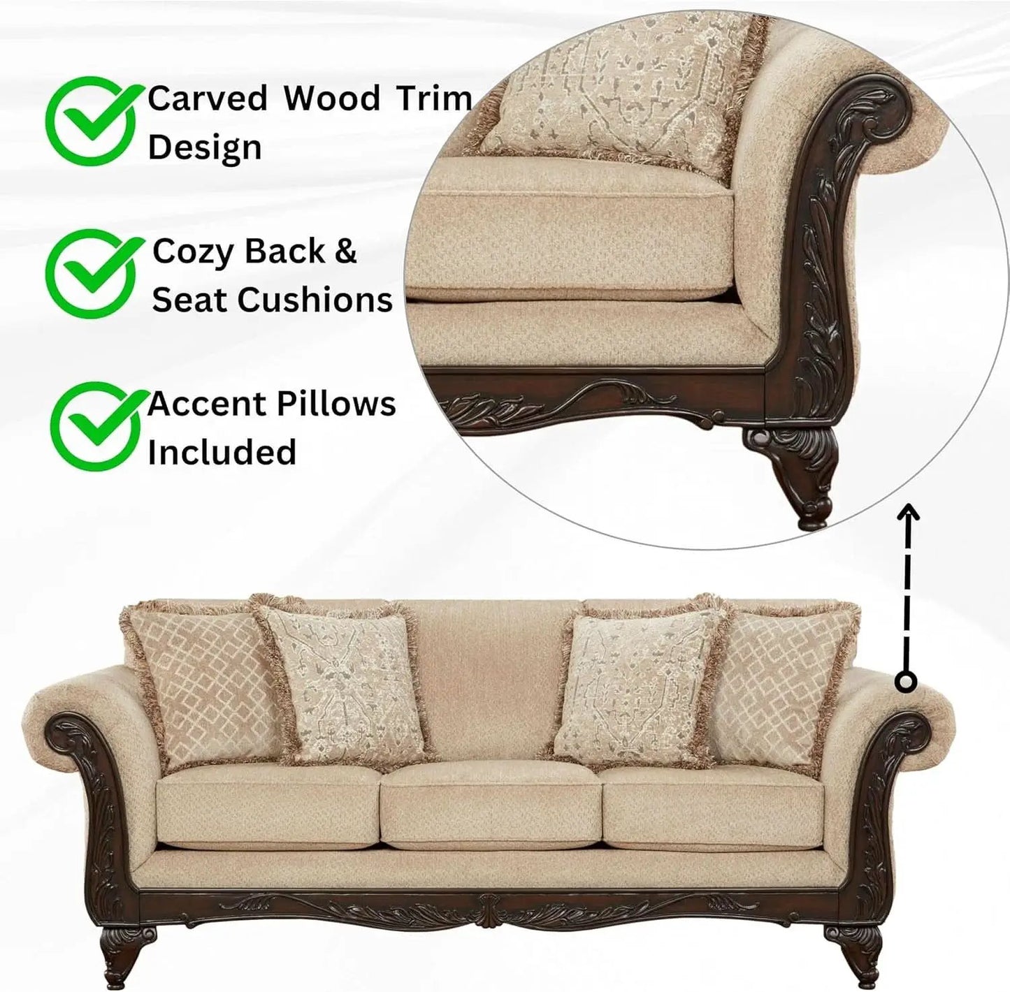 Hernen Carved Wood Frame 5Piece Living Room Set Beige Wheat from PriceLows™