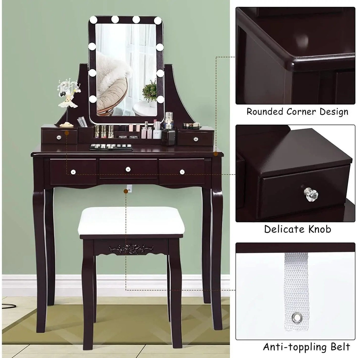 Brown Vanity Table Set With 10 LED Lights For Bedroom from PriceLows™