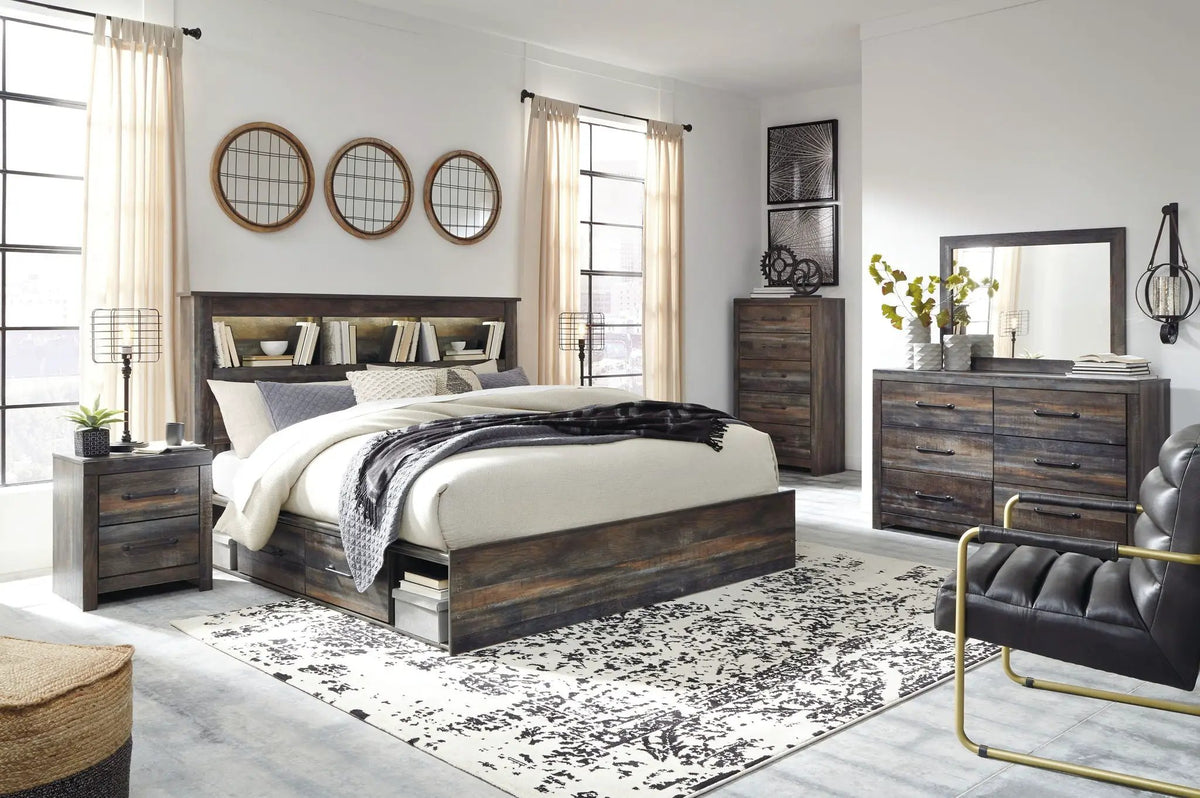 Drystan Panel Bookcase Bed | Storage Headboard | Rustic Industrial Style | 85 Inch Length