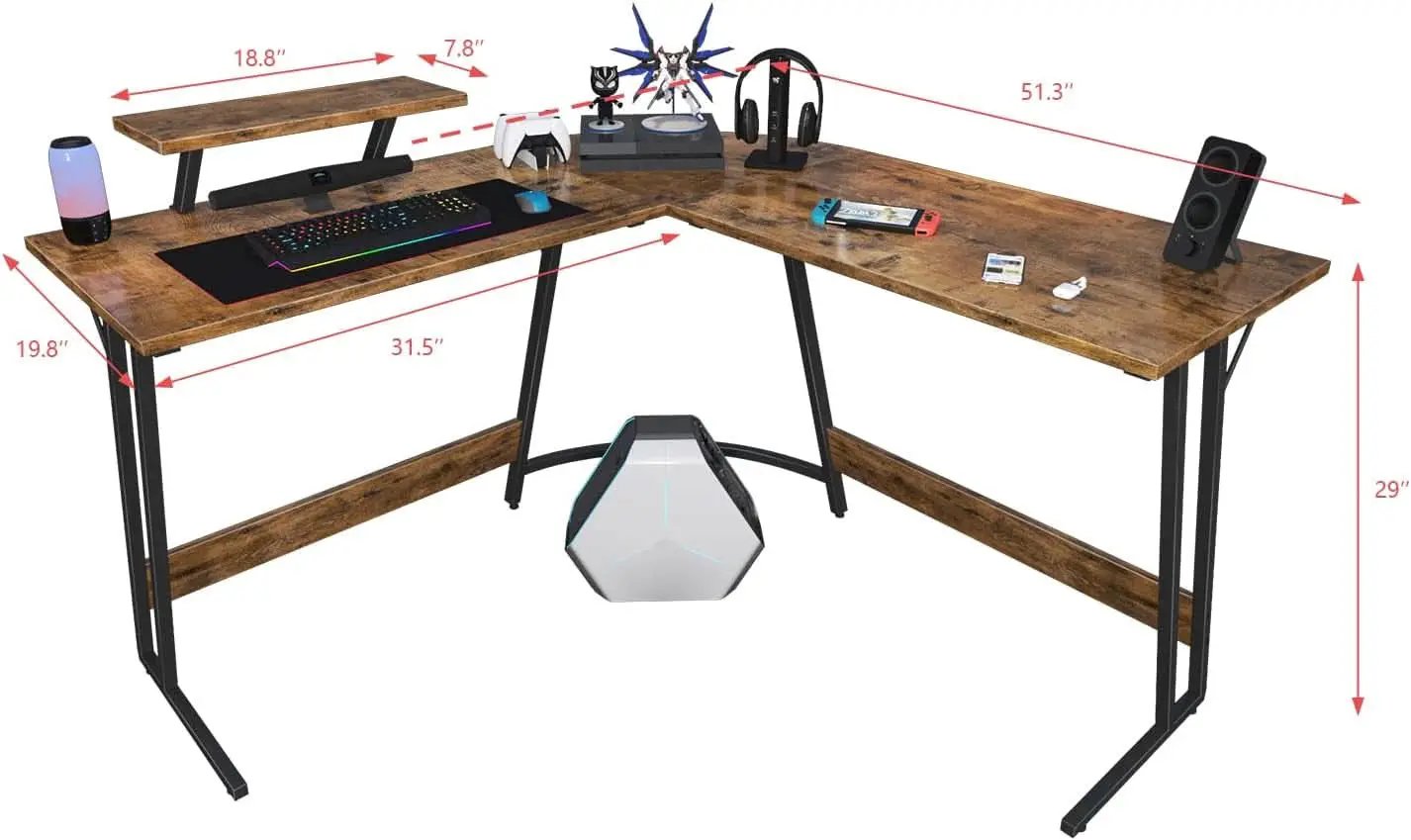 L Shaped Gaming Desk 51 Inch With Monitor Riser Brown from PriceLows™
