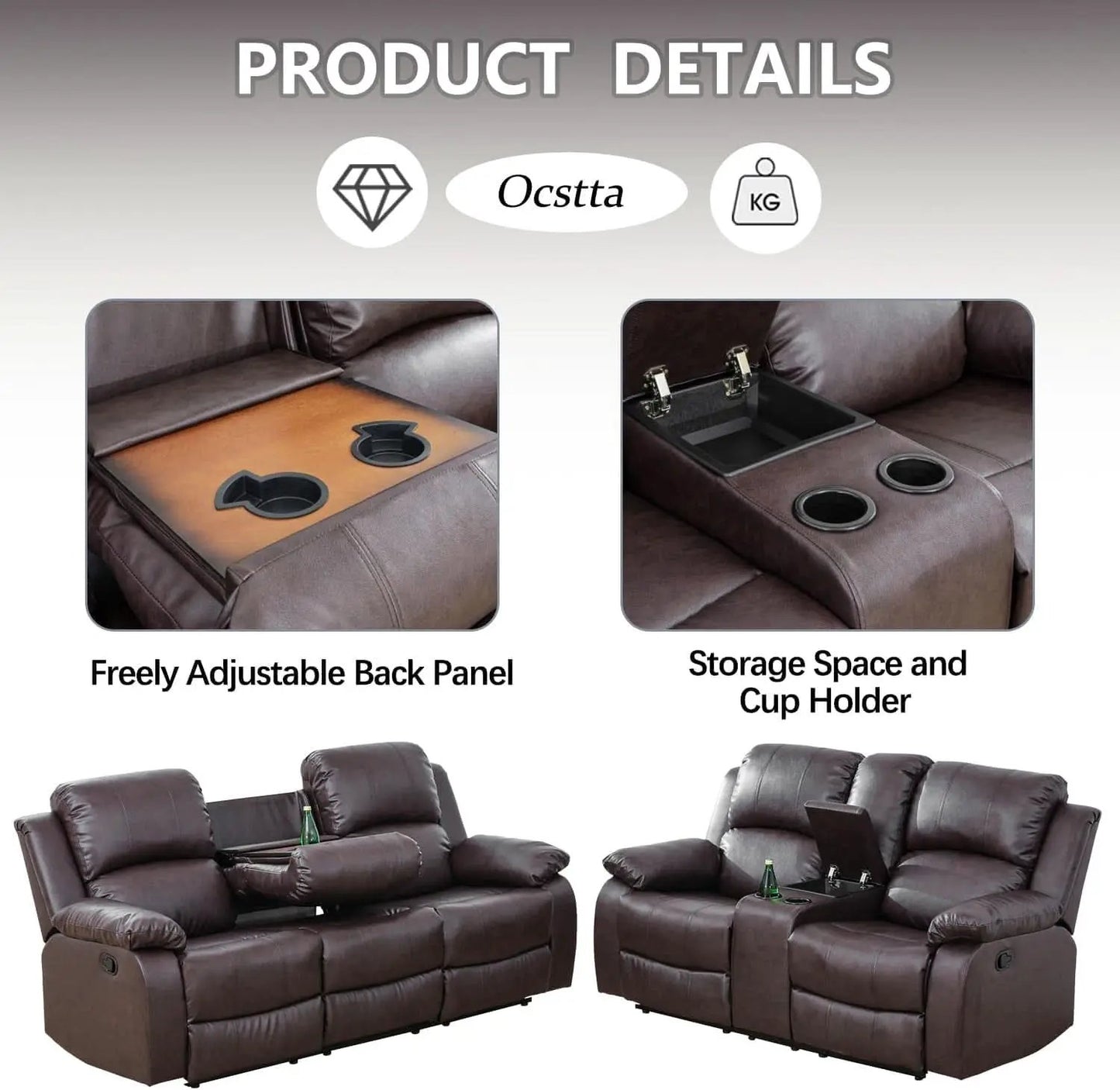 Manual Leather Recliner Sofa Set Brown For Living Room from PriceLows™