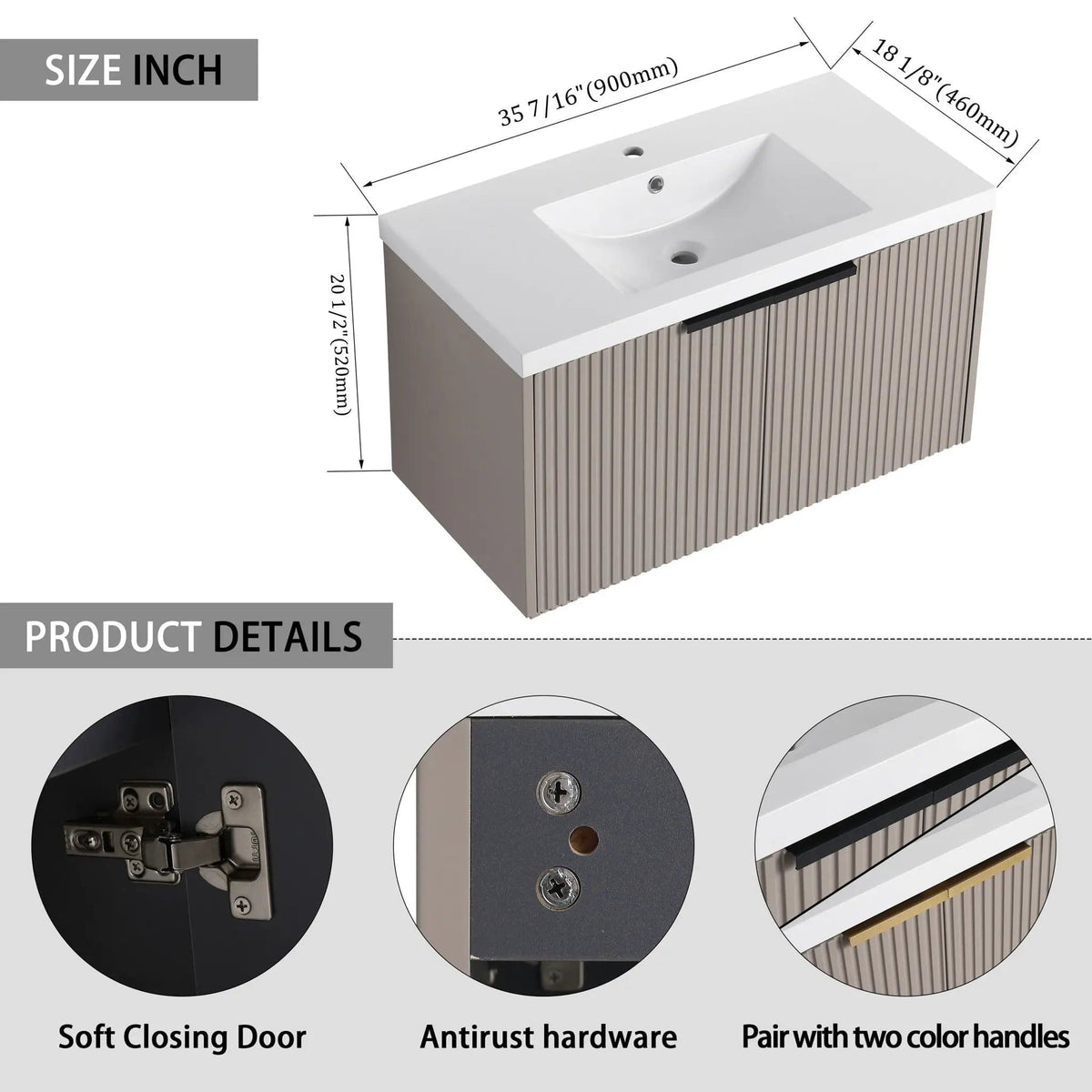 Contemporary Wall Mounted Bathroom Vanity With Resin Double Sink | 6 Pieces | Metal & Plywood | Bathroom