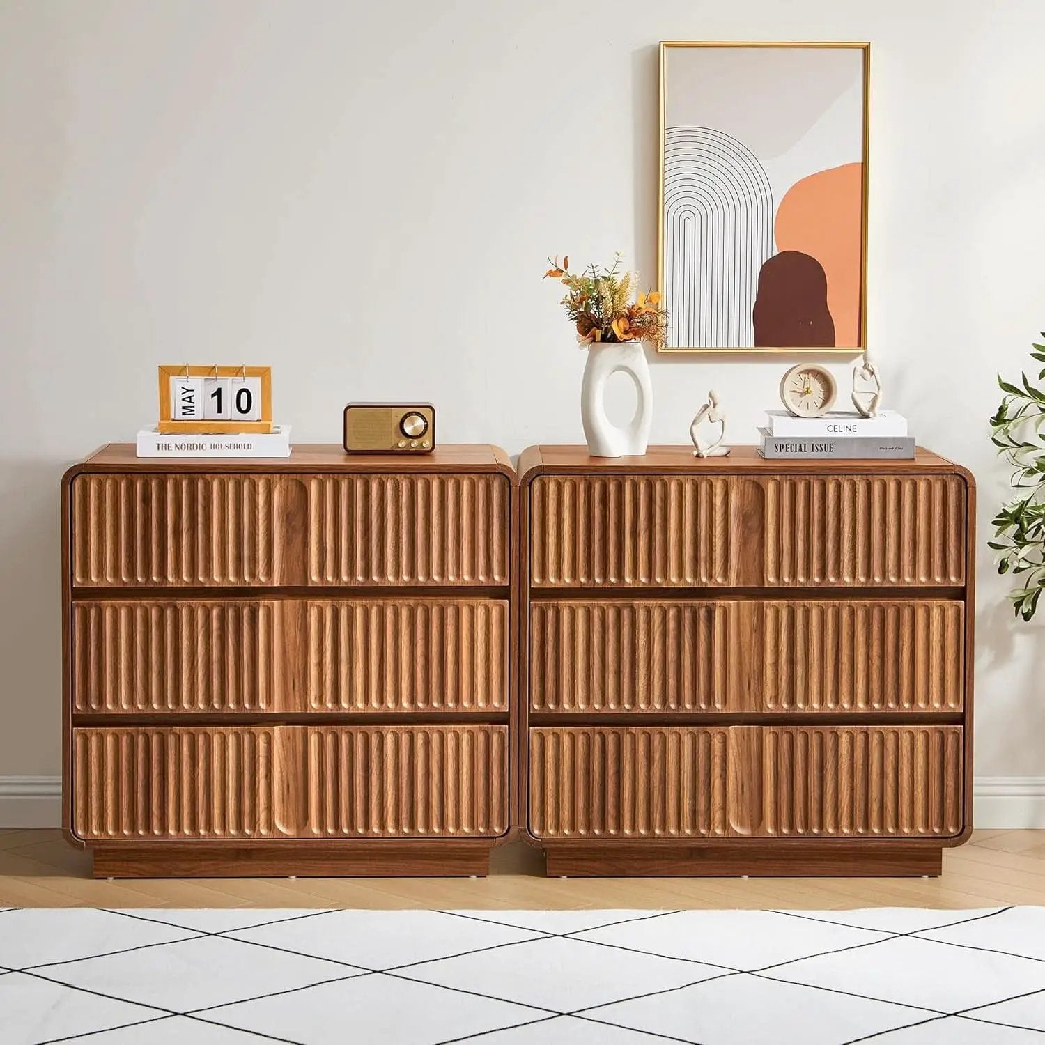 Walnut Fluted Three Drawer Dresser 31 Inch Wide Storage from PriceLows™