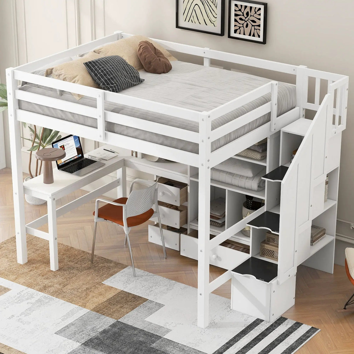Loft Bed With L-Shaped Desk | Three Drawers | Cabinet | Storage Staircase