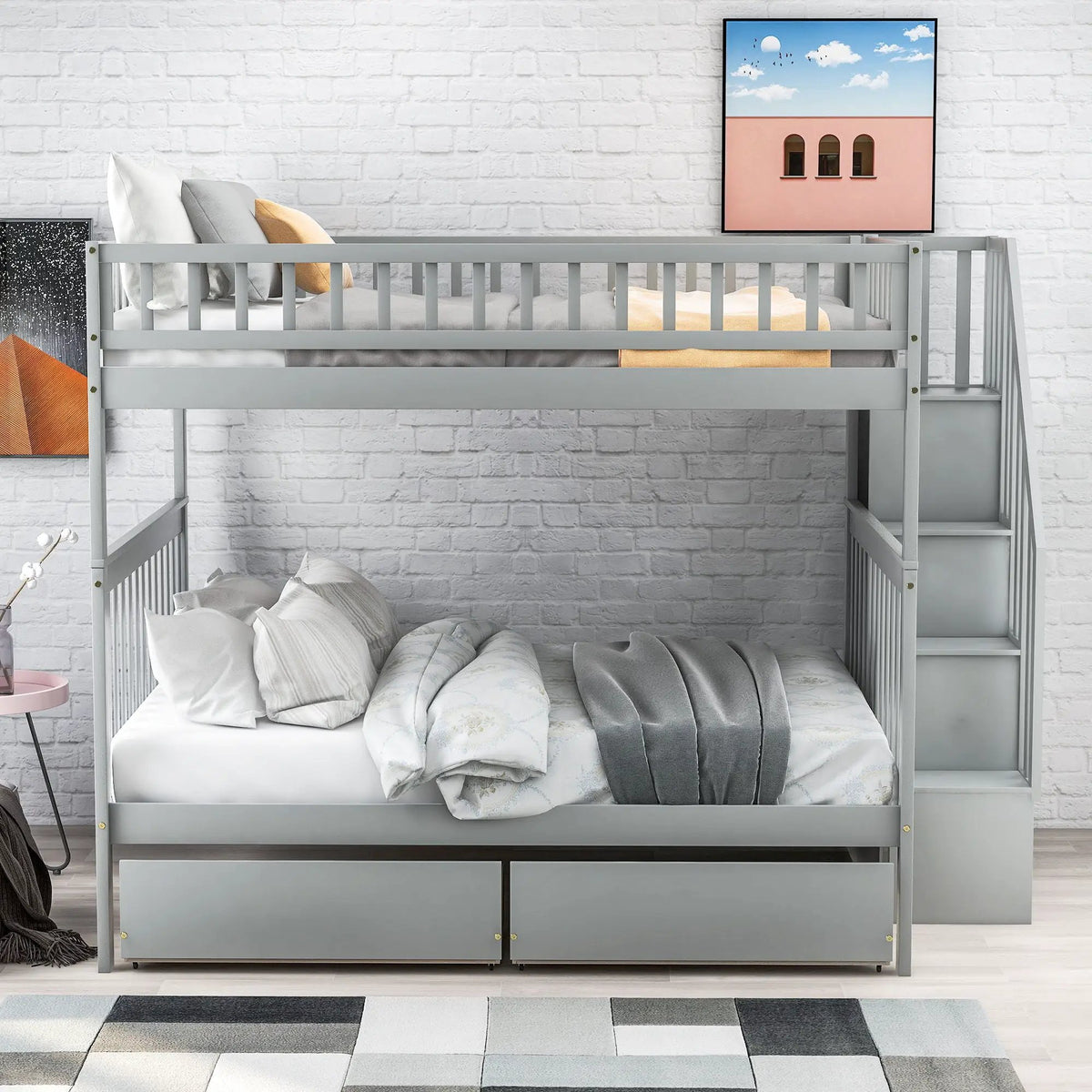 Twin Over Full Bunk Bed | Built In Staircase | Steel Frame