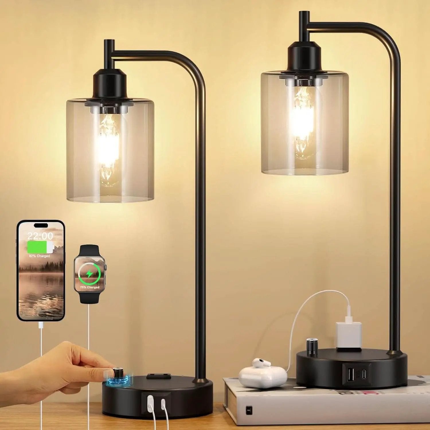 Industrial Desk Lamps 2 Pack Dimmable With USB C Ports from PriceLows™