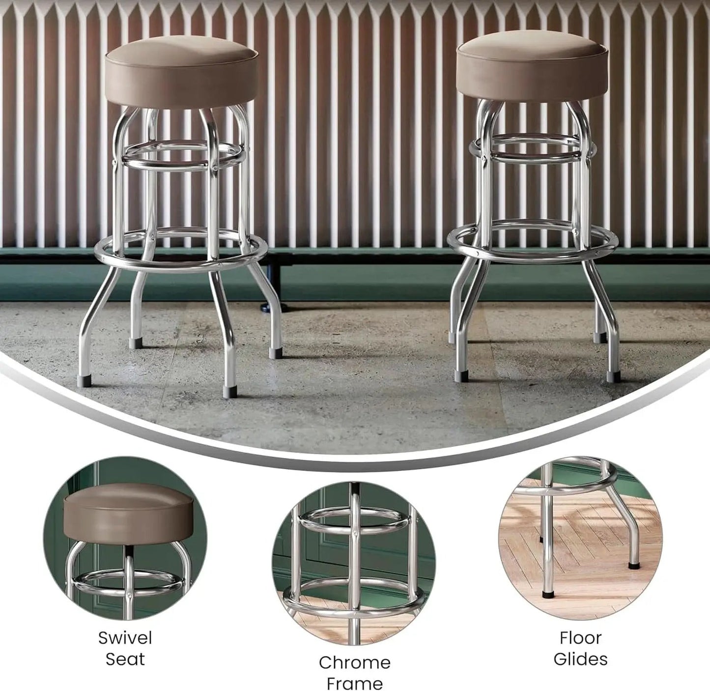 Bruno 2 Pack Chrome Bar Stools Beige Seats Swivel Set from PriceLows™