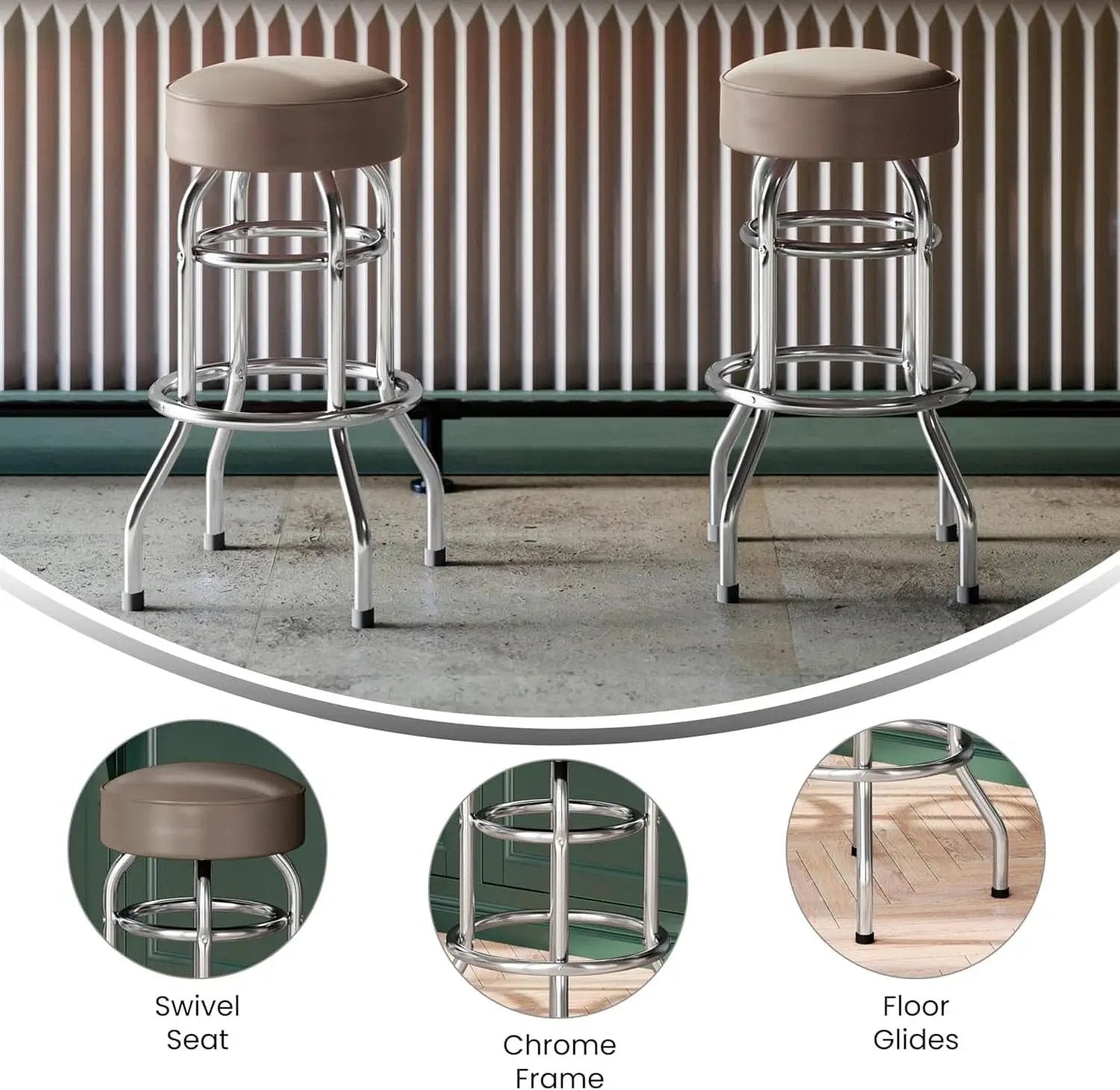 Bruno 2 Pack Chrome Bar Stools Beige Seats Swivel Set from PriceLows™