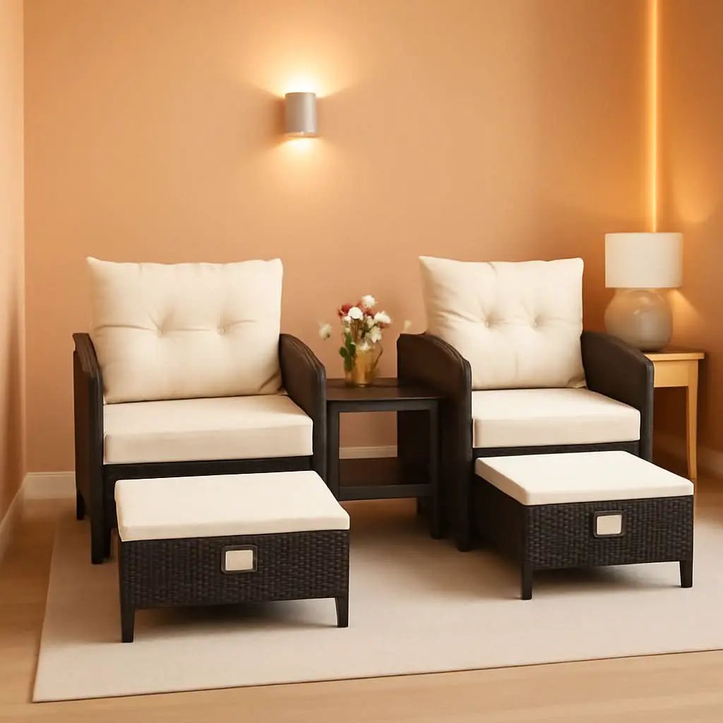 5 Piece Beige Rattan Patio Furniture Set With Ottomans And Coffee Table from PriceLows™