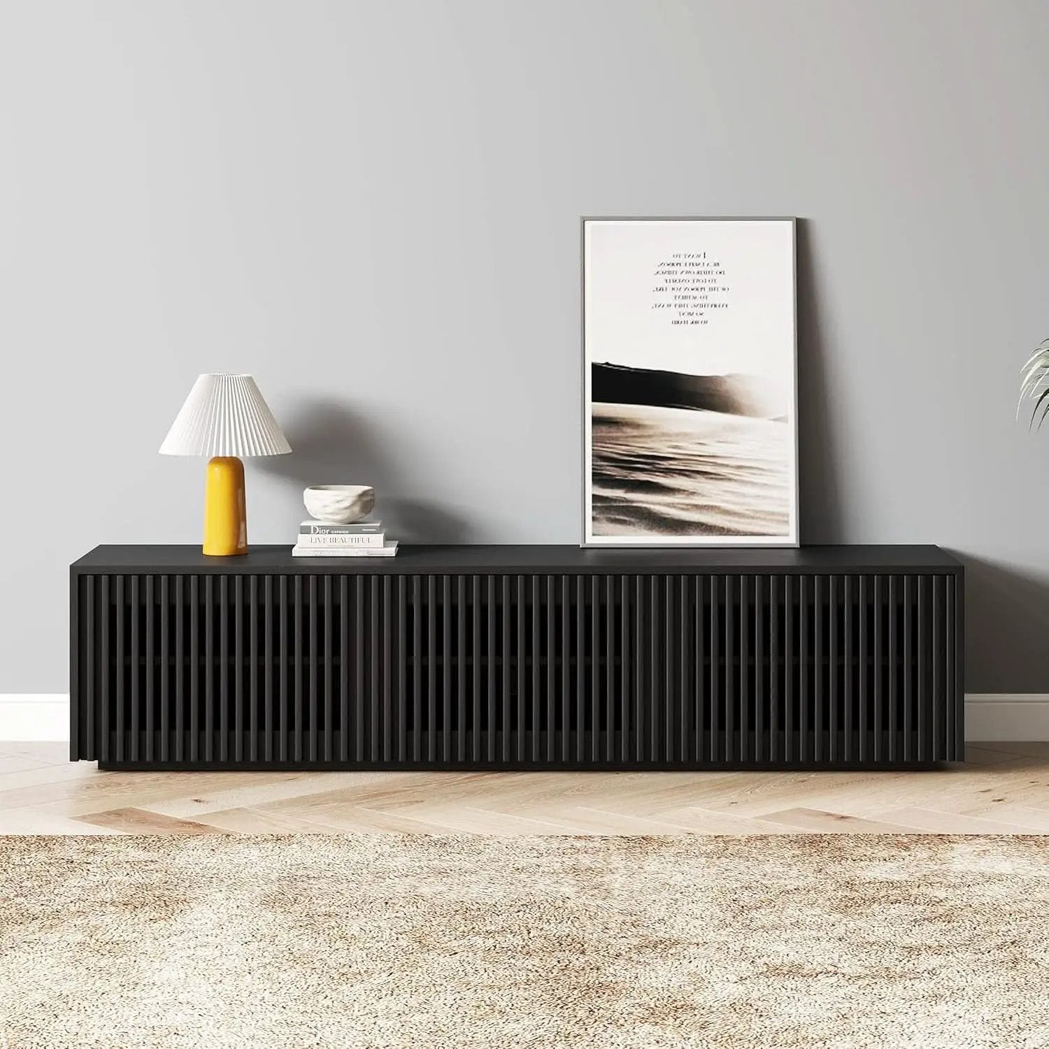 65 Inch Black Solid Wood TV Stand With Oak Veneer Finish from PriceLows™