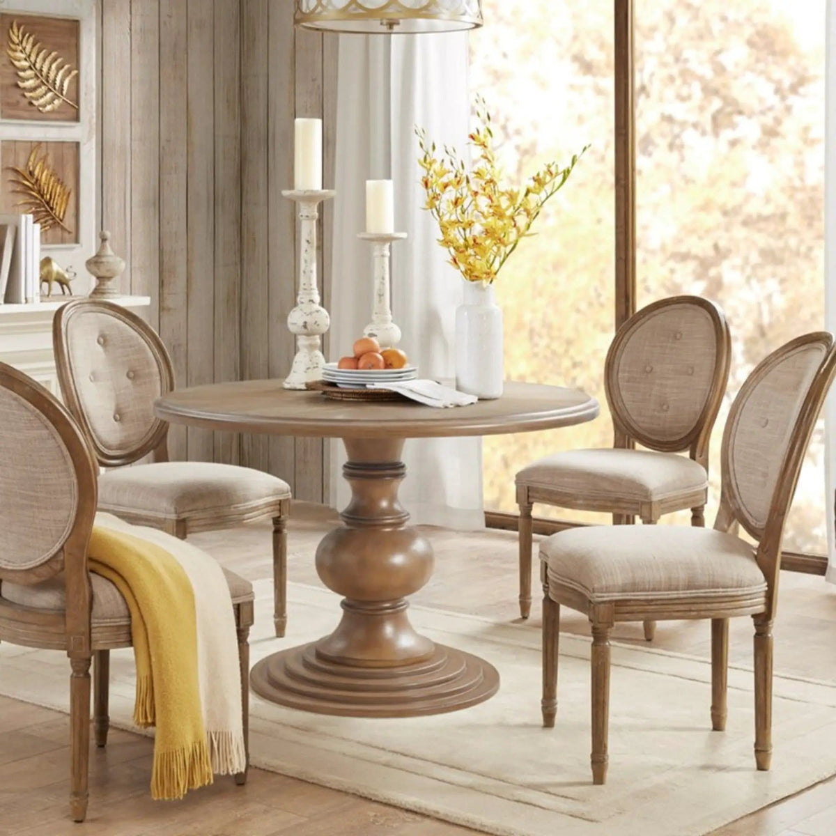 Round Pedestal Dining Table - | 46 x 46 x 30 in | Walnut & Veneer | Walnut