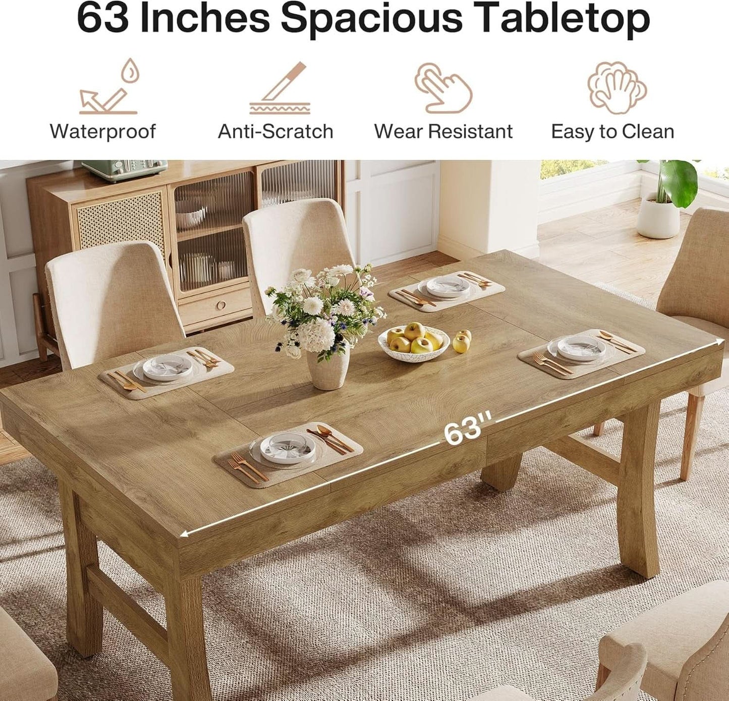 63 Inch Farmhouse Rectangular Wood Dining Table Kitchen from PriceLows™