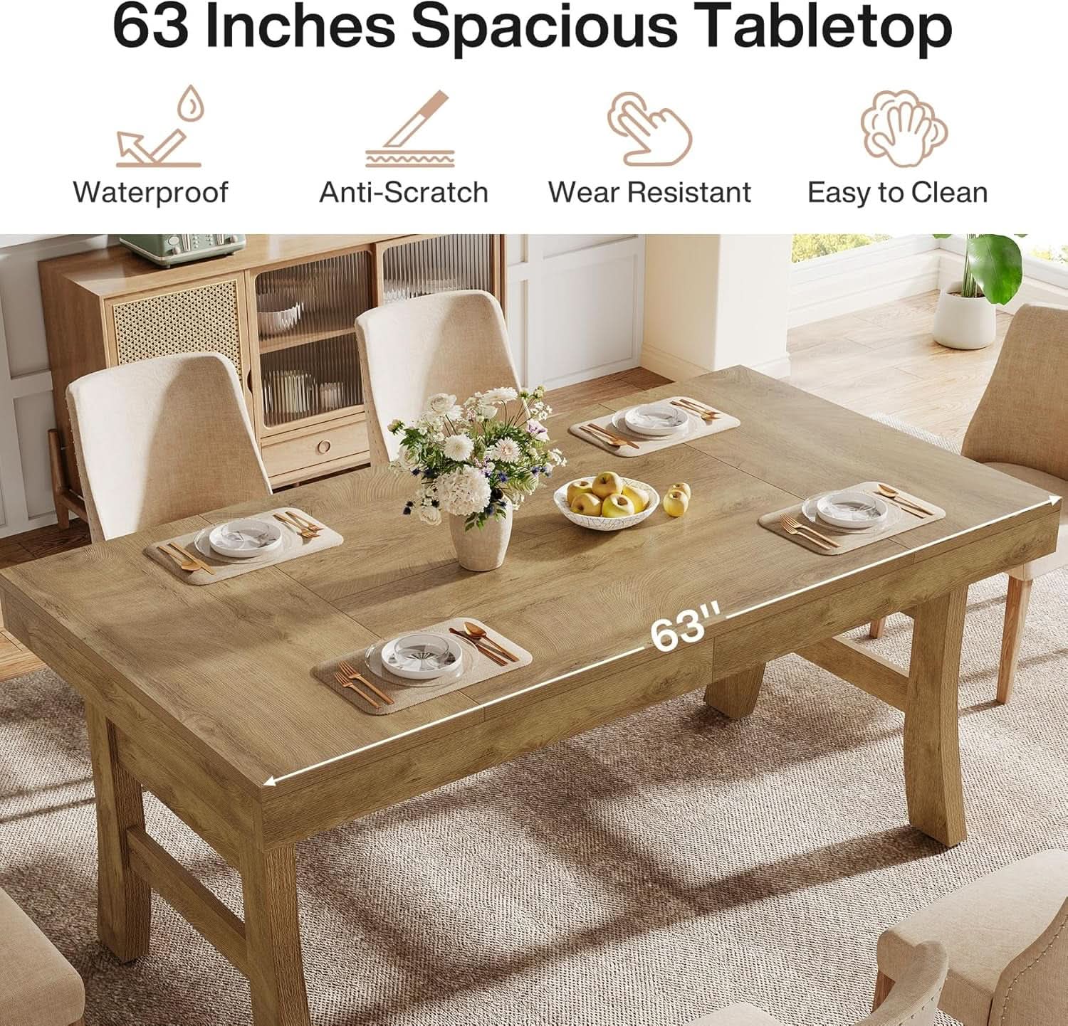 63 Inch Farmhouse Rectangular Wood Dining Table Kitchen from PriceLows™