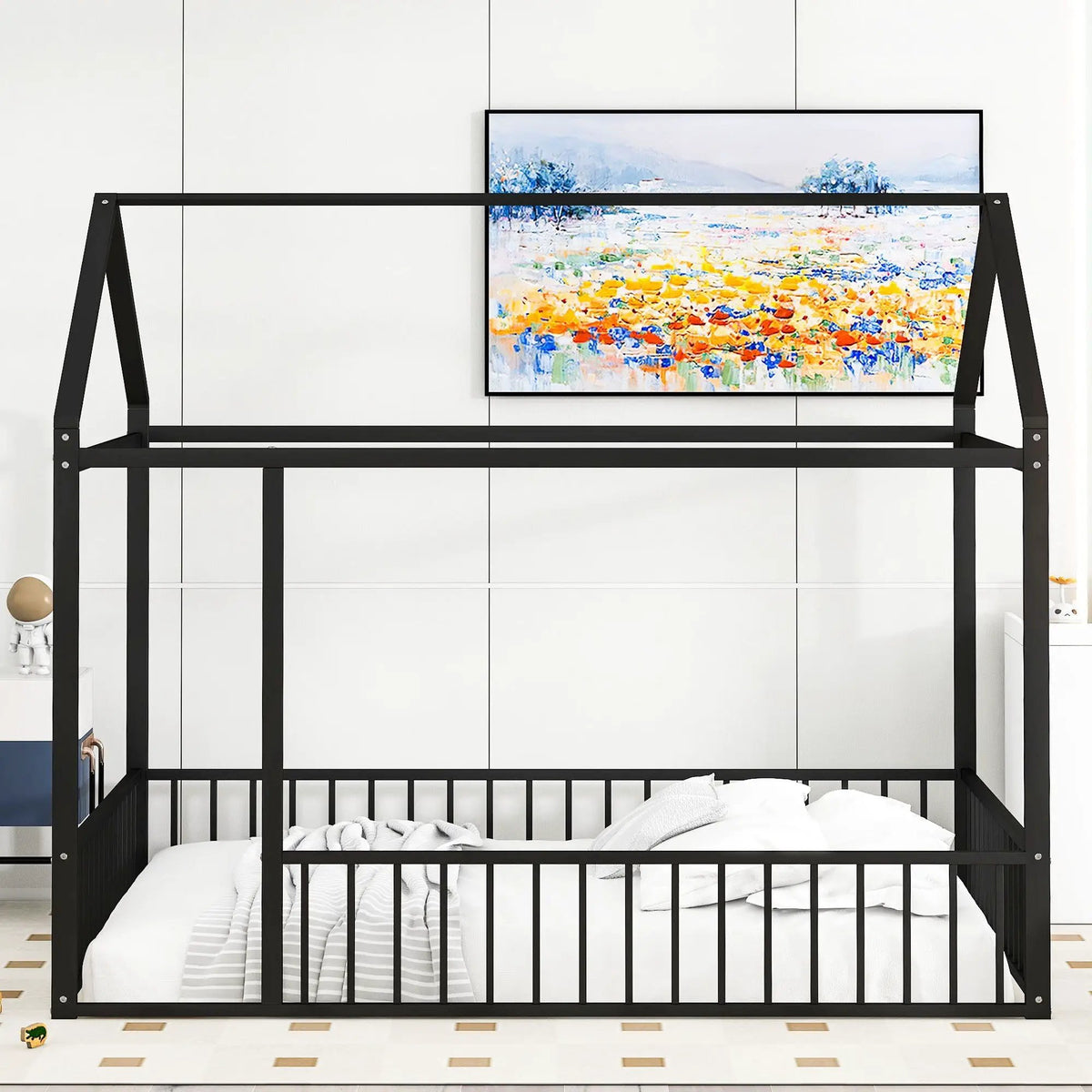 Kids Metal Bed Frame | Roof And Side Fence | Semi Enclosed Space | Three Colors