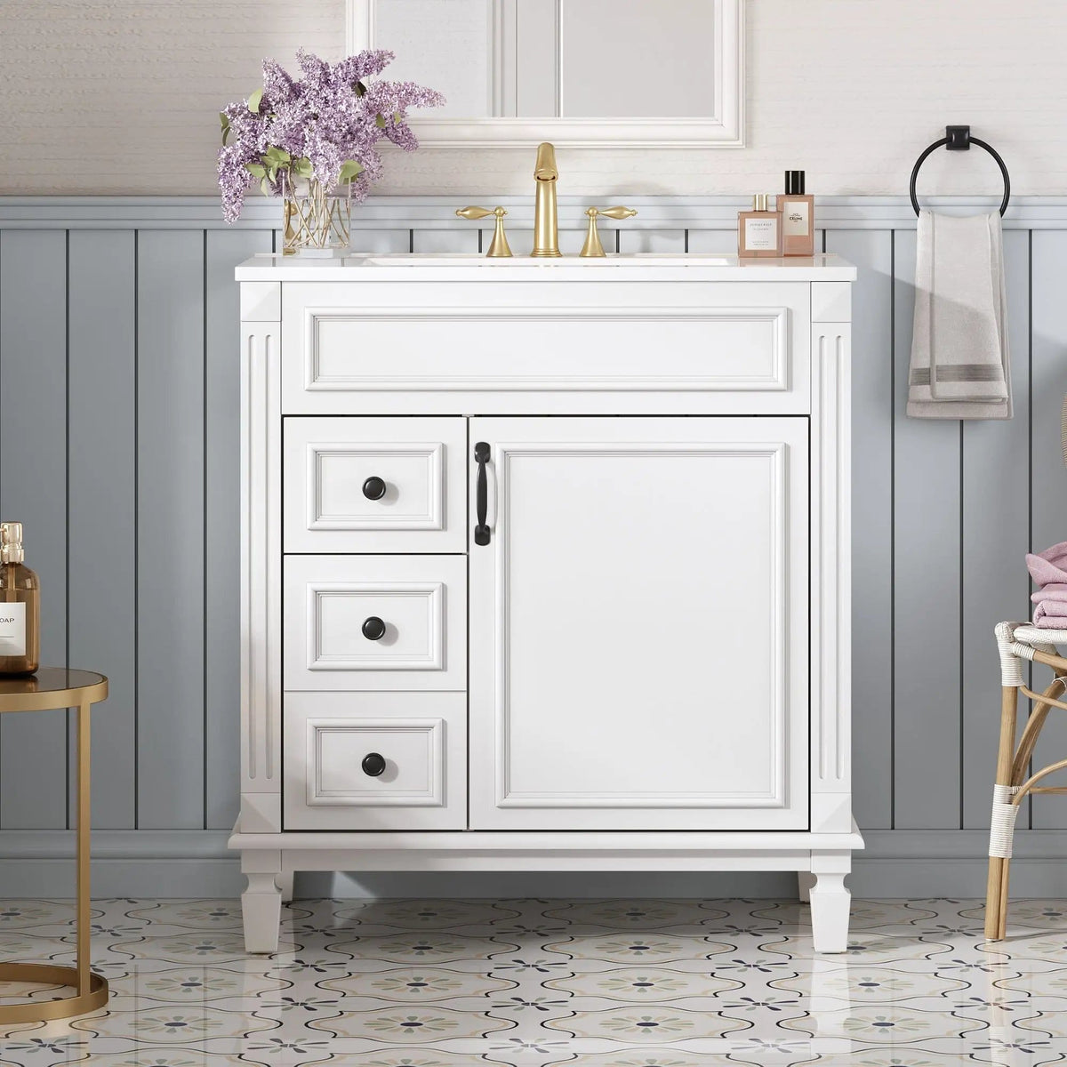 Bathroom Vanity With Sink, Cabinet With 2 Drawers And Adjustable Shelf | 2 Pieces | Solid Wood & Iron | Bathroom
