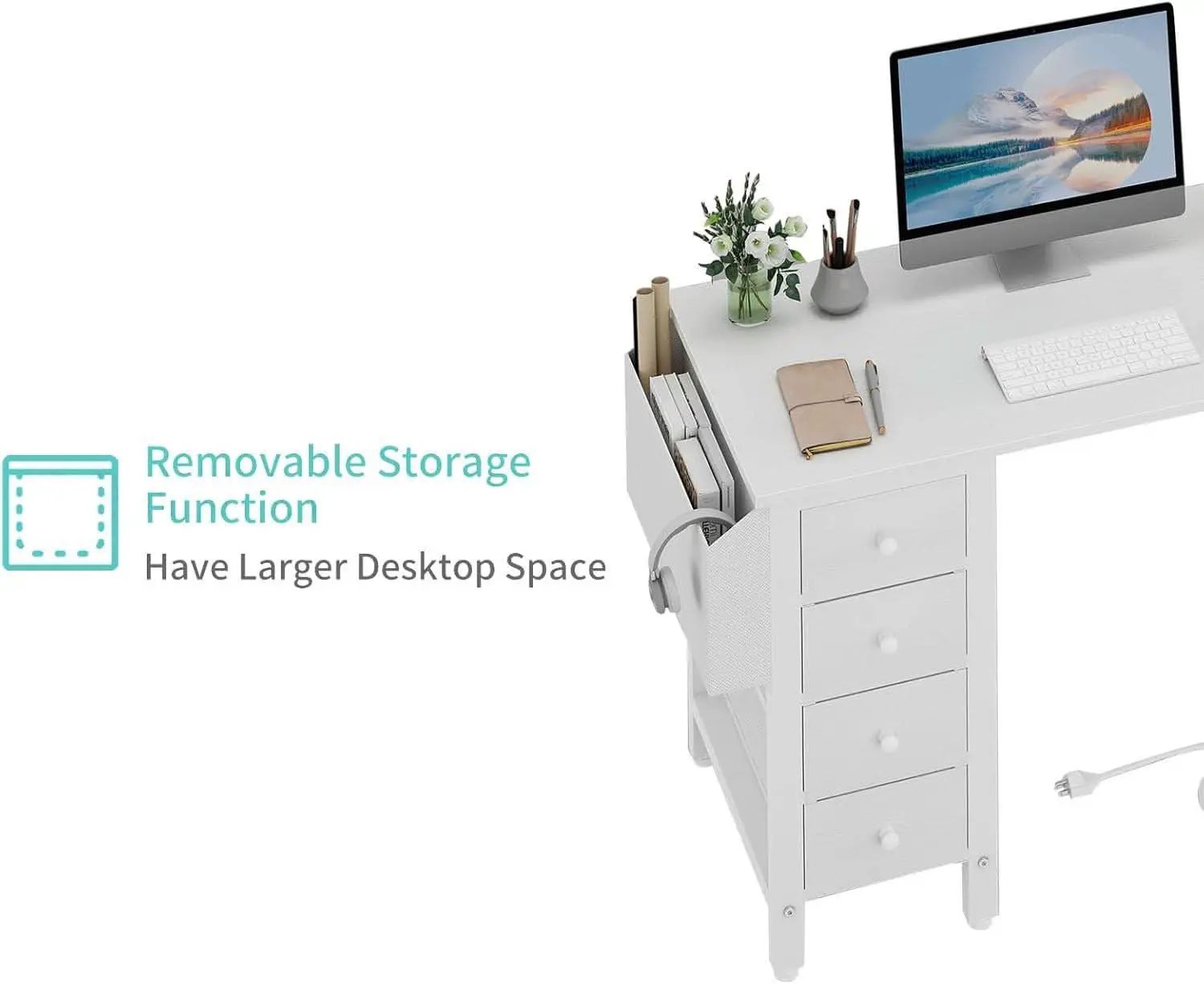 White 47 Inch L Shaped Corner Desk With Reversible Storage from PriceLows™