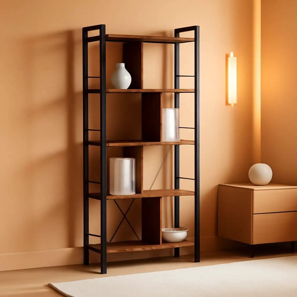 5 Tier Bookshelf Rustic Brown And Black Metal Frame from PriceLows™
