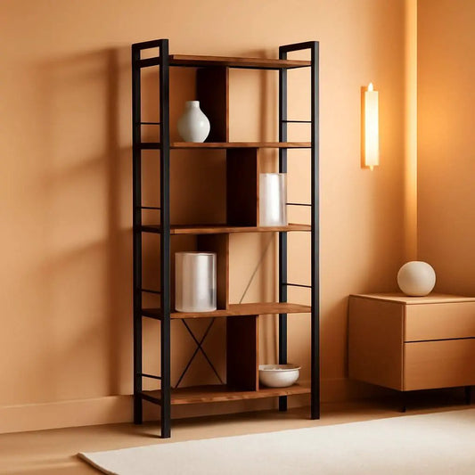 5 Tier Bookshelf Rustic Brown And Black Metal Frame from PriceLows™