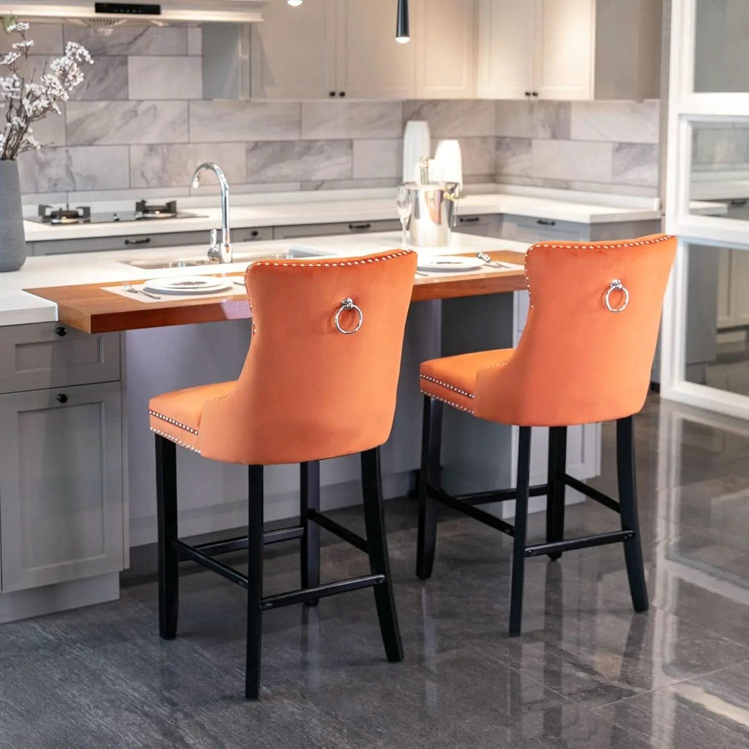 Wingback Velvet Bar Stools Set Of Two Orange Counter Height from PriceLows™