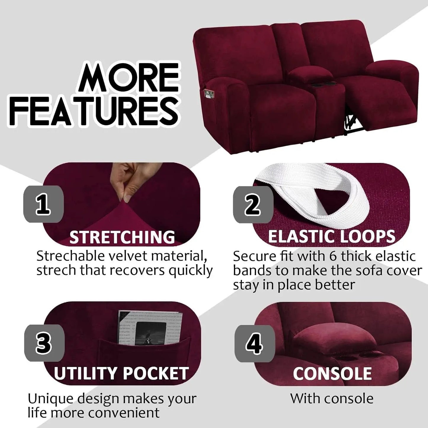 Burgundy Velvet Reclining Loveseat Slipcover Set 2 Seater Machine Washable from PriceLows™