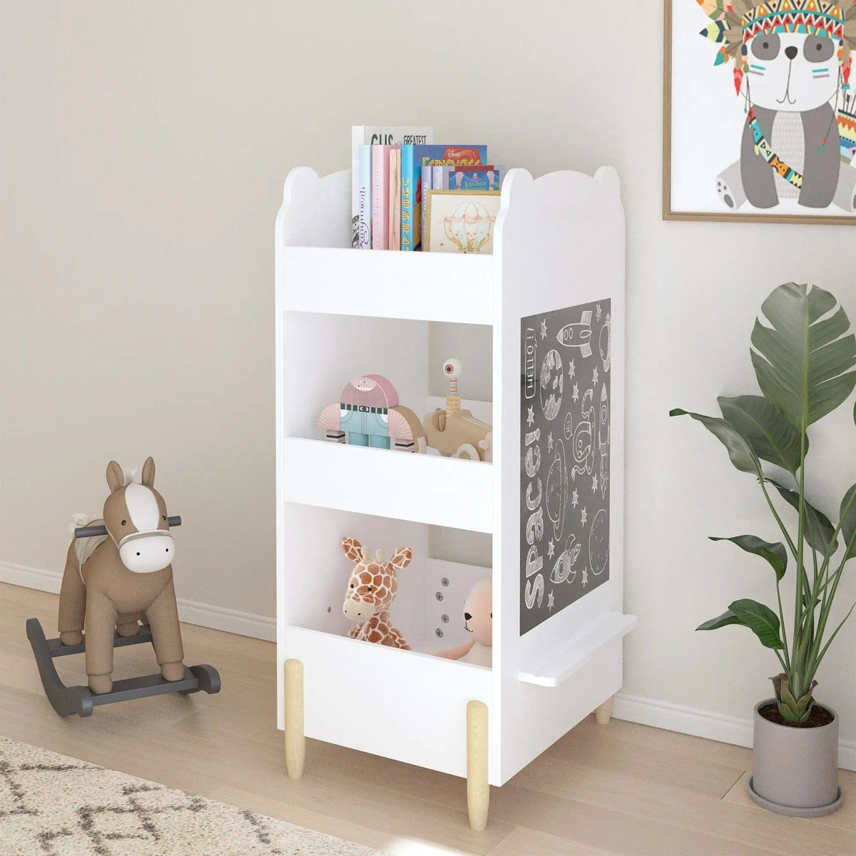 Bear Shaped Bookshelf With Chalkboard Side, 3 Tier Storage Organizer For Playroom | 16.14 x 16.93 x 33.86 in | Wood | White