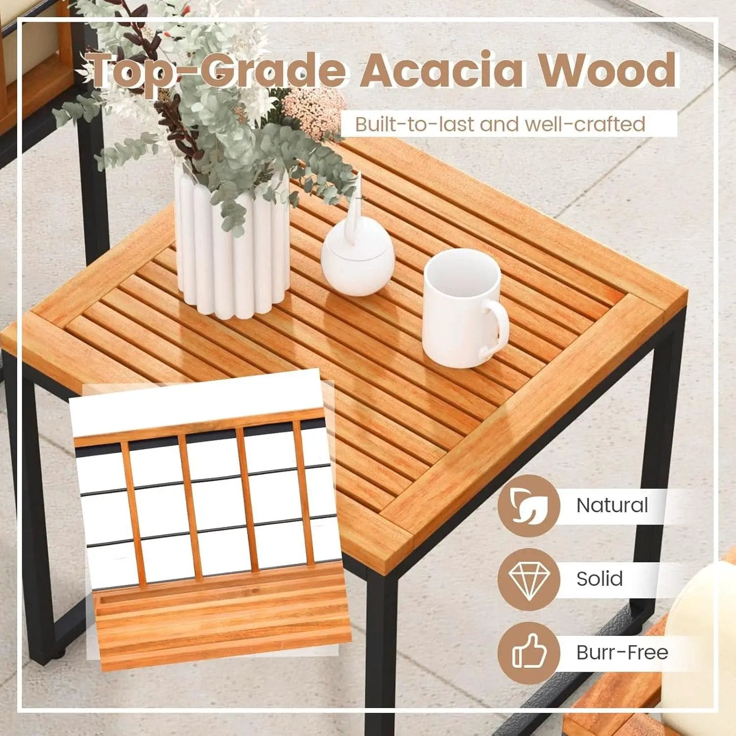 Three Piece Acacia Wood Patio Chair Set With Cushioned Seats For Balcony Porch And Backyard Beige from PriceLows™
