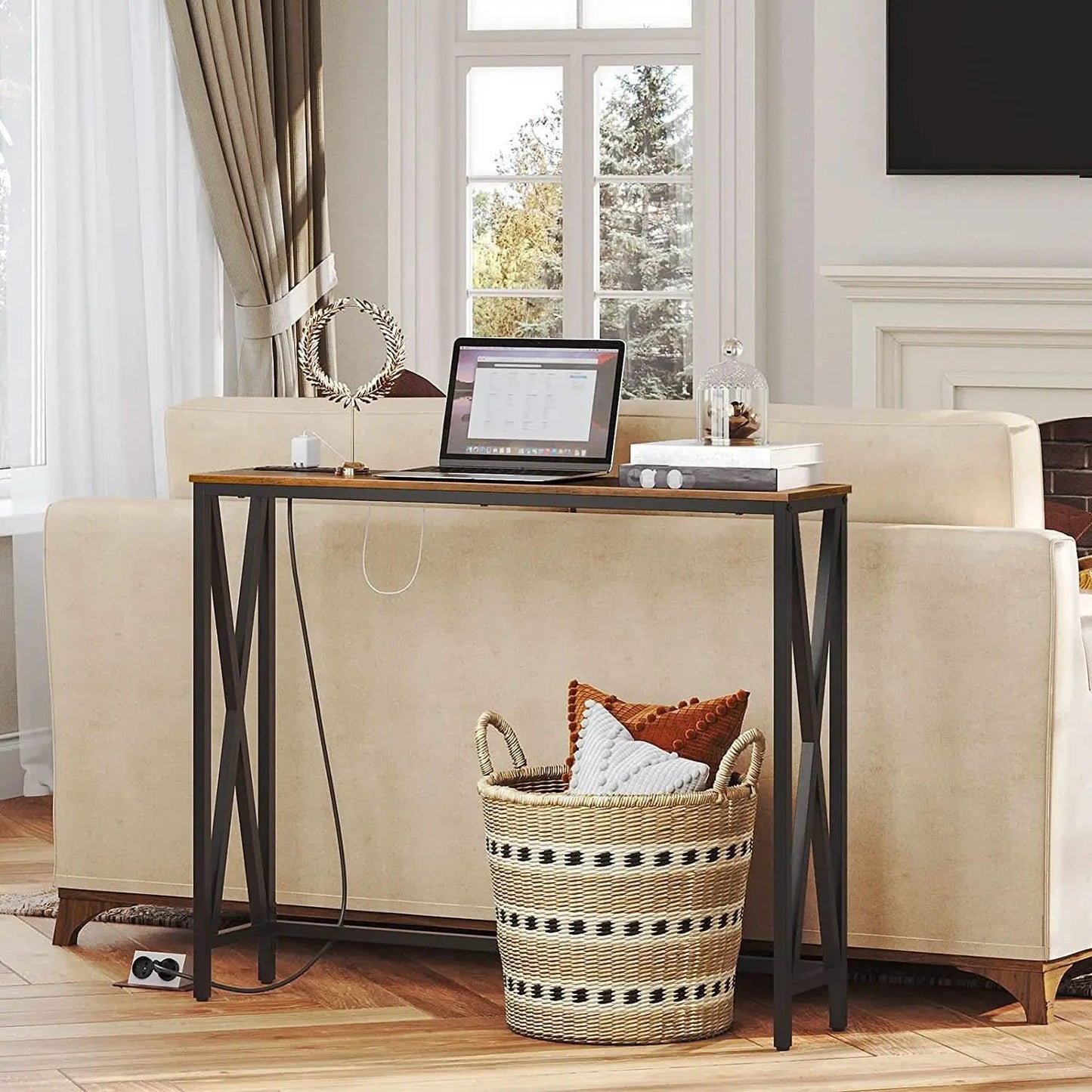 Rustic Brown Sofa Table With Power Outlet And USB Ports from PriceLows™
