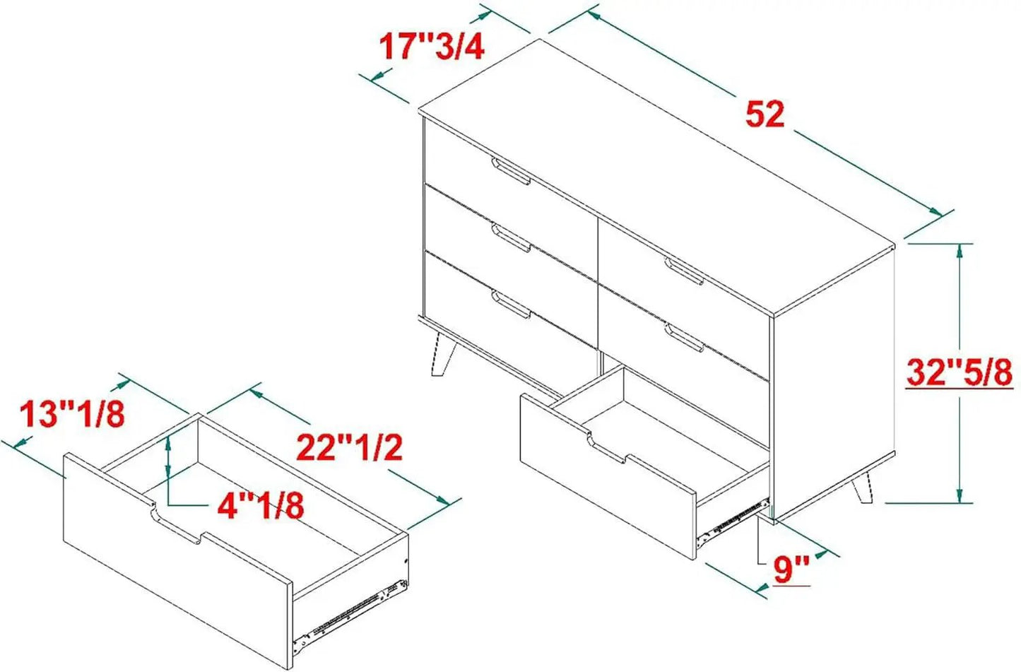 Modern Six Drawer Dresser Black 52 Inch Bedroom Storage from PriceLows™