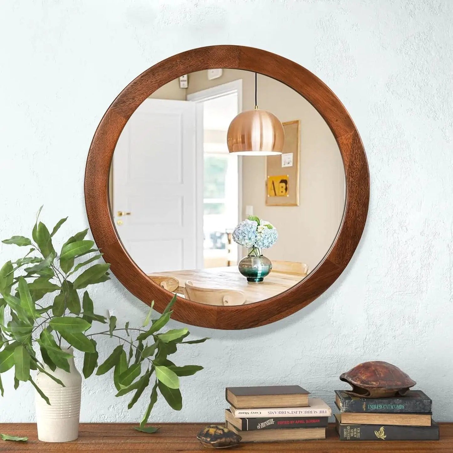 30 Inch Walnut Round Wall Mirror Rustic Style from PriceLows™