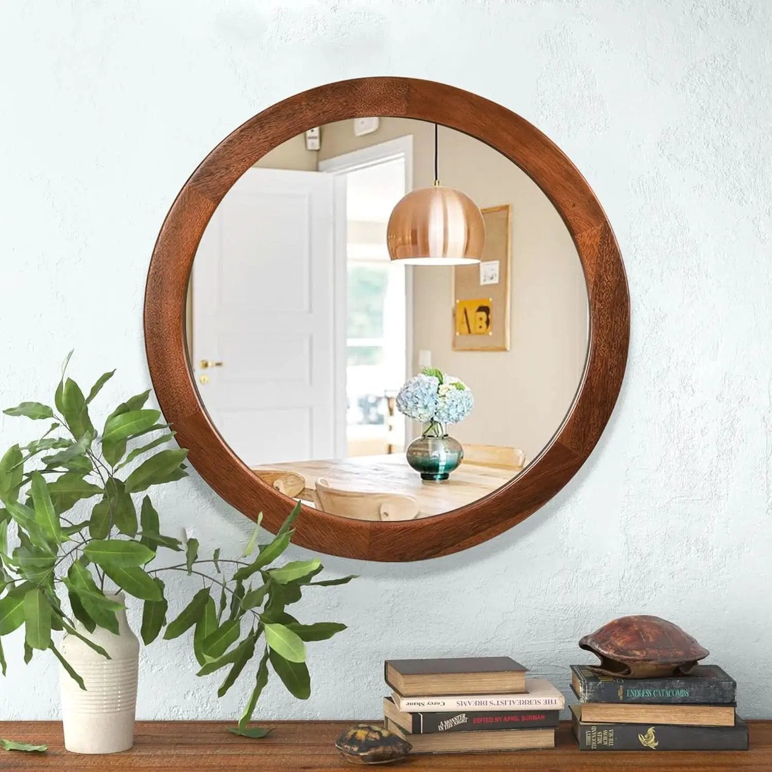 30 Inch Walnut Round Wall Mirror Rustic Style from PriceLows™